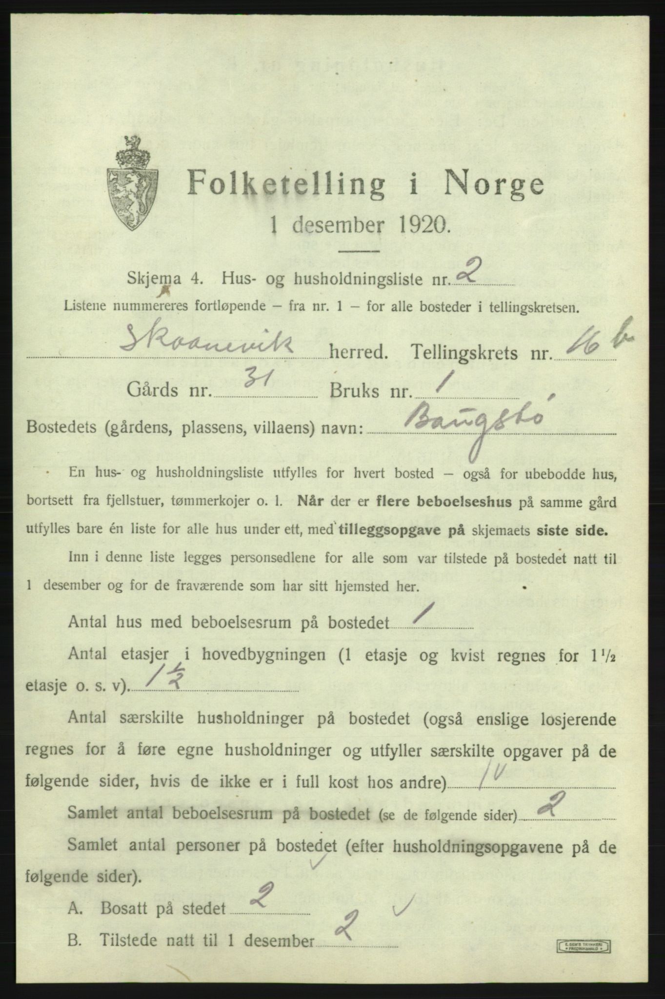 SAB, 1920 census for Skånevik, 1920, p. 1621