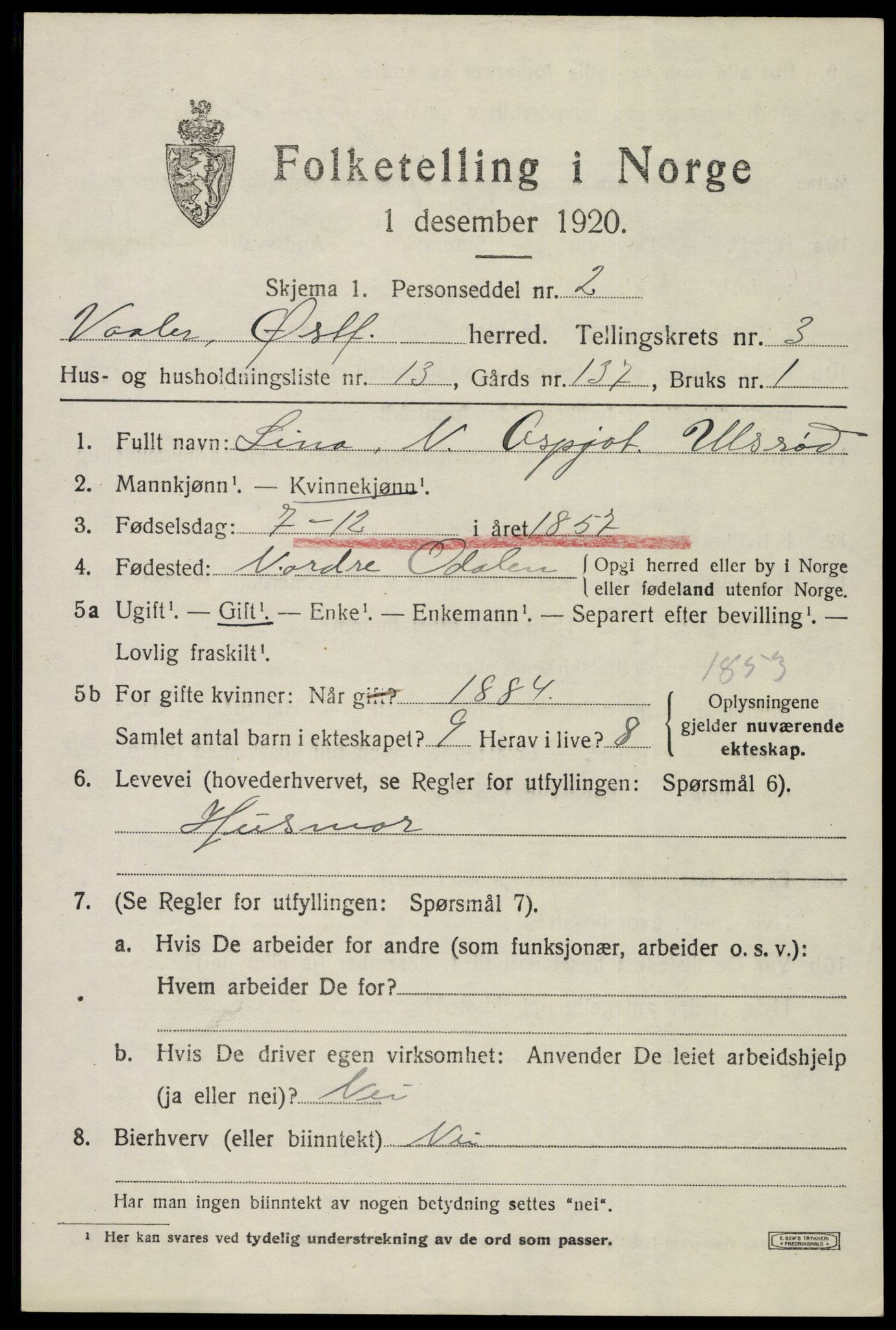 SAO, 1920 census for Våler, 1920, p. 2166