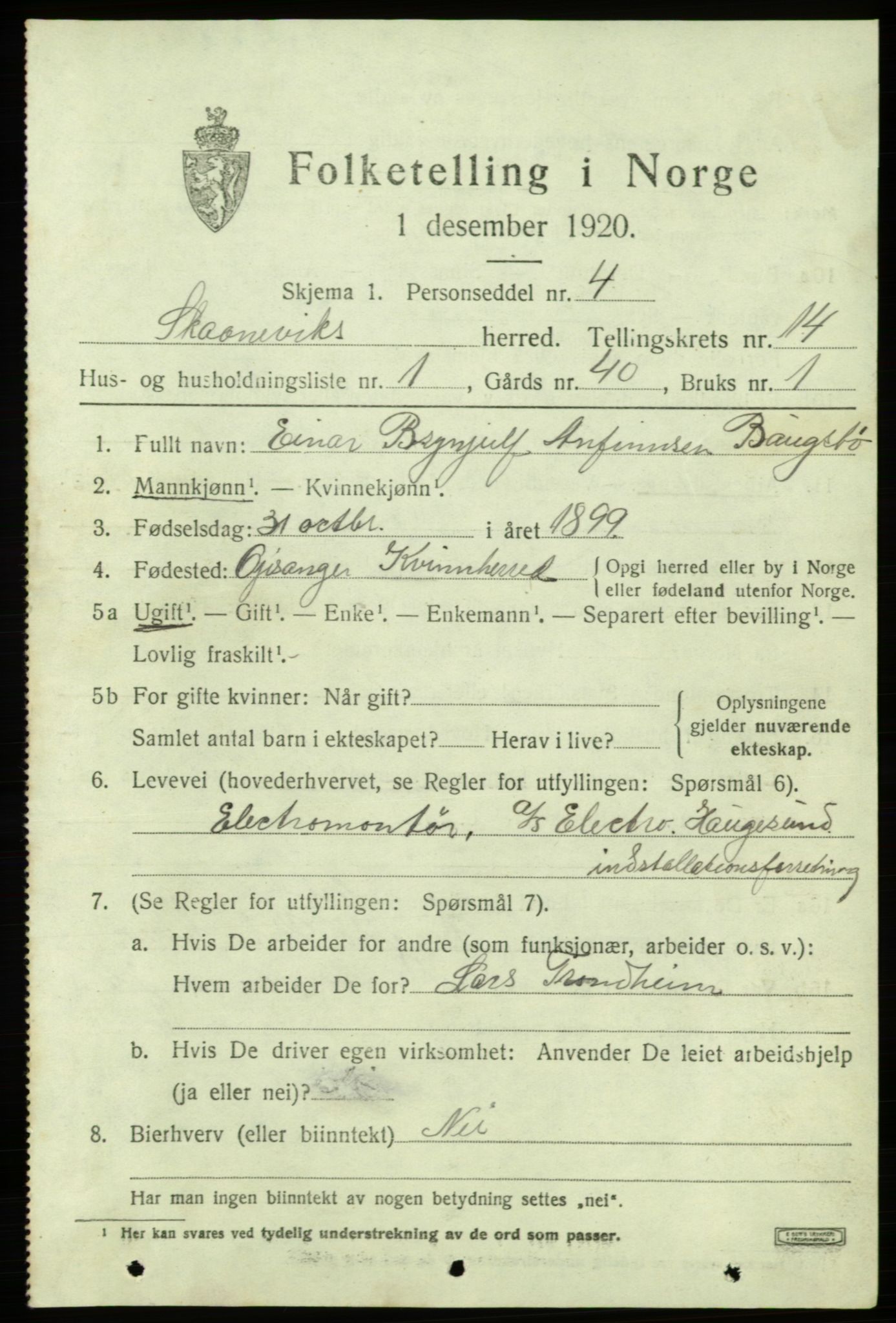 SAB, 1920 census for Skånevik, 1920, p. 6019