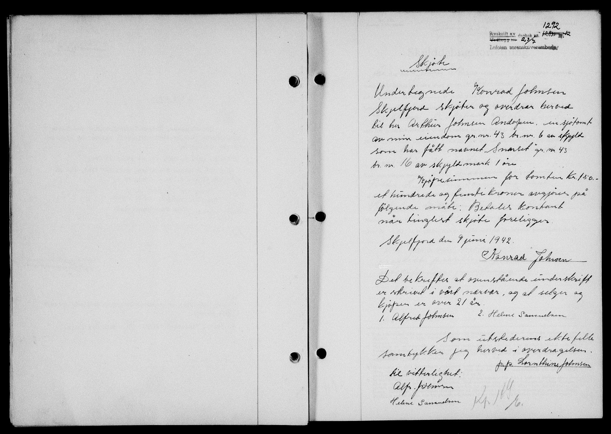 Lofoten sorenskriveri, SAT/A-0017/1/2/2C/L0010a: Mortgage book no. 10a, 1942-1943, Diary no: : 1292/1942