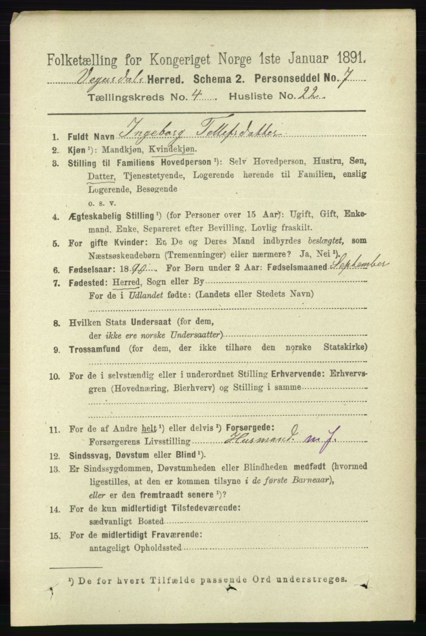 RA, 1891 census for 0934 Vegusdal, 1891, p. 844