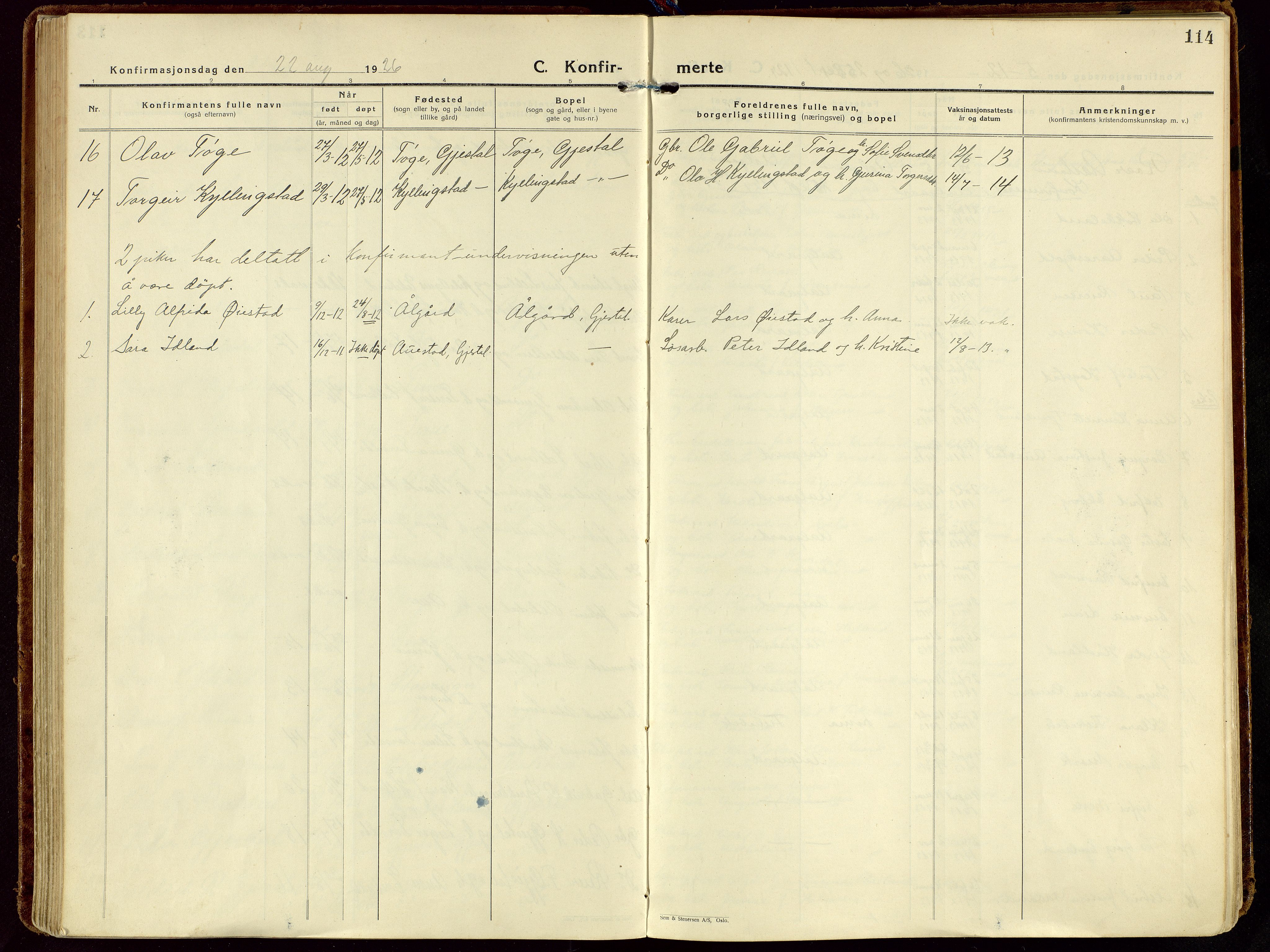 Gjesdal sokneprestkontor, AV/SAST-A-101796/003/O/L0001: Parish register (official) no. A 1, 1925-1949, p. 114