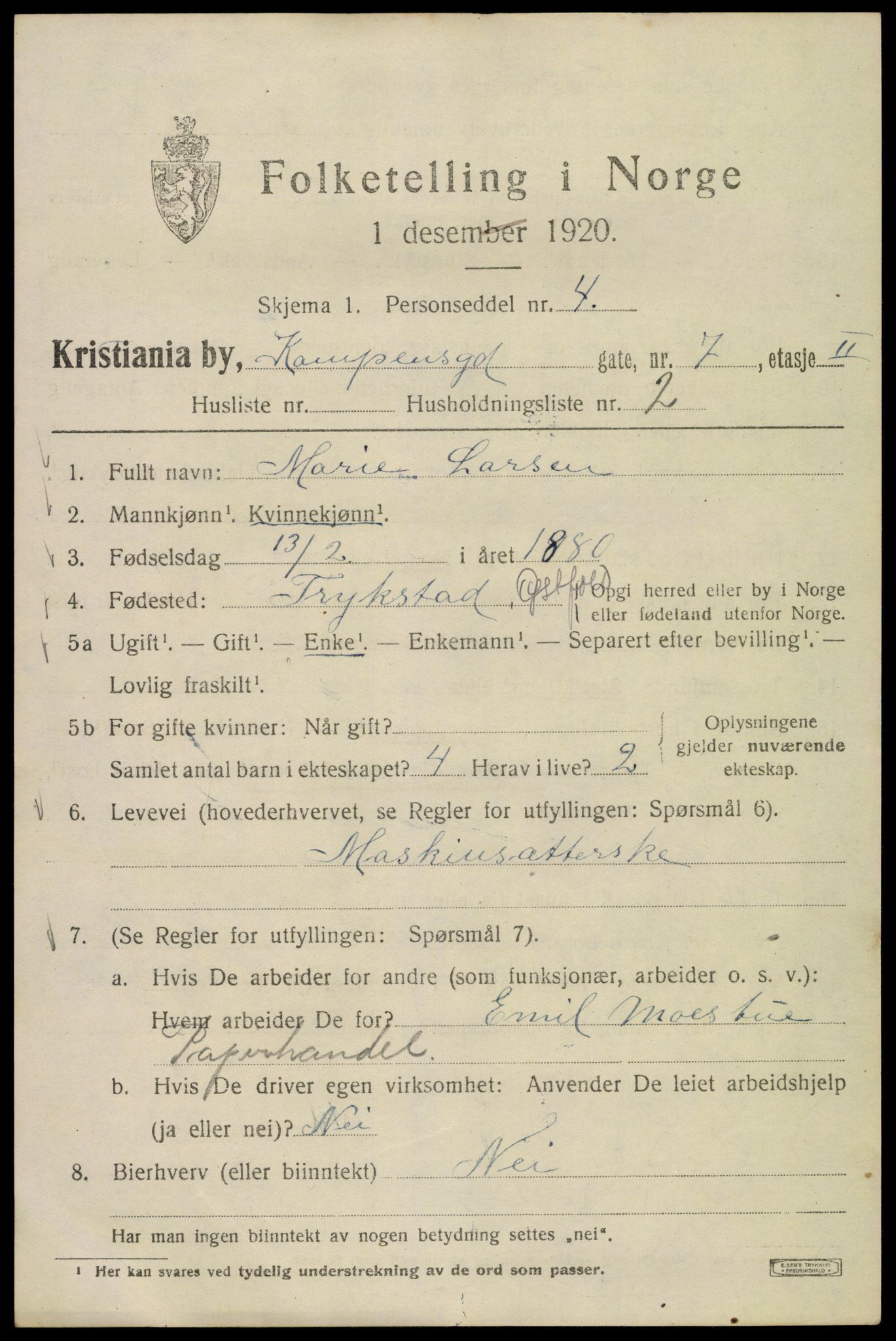 SAO, 1920 census for Kristiania, 1920, p. 326703