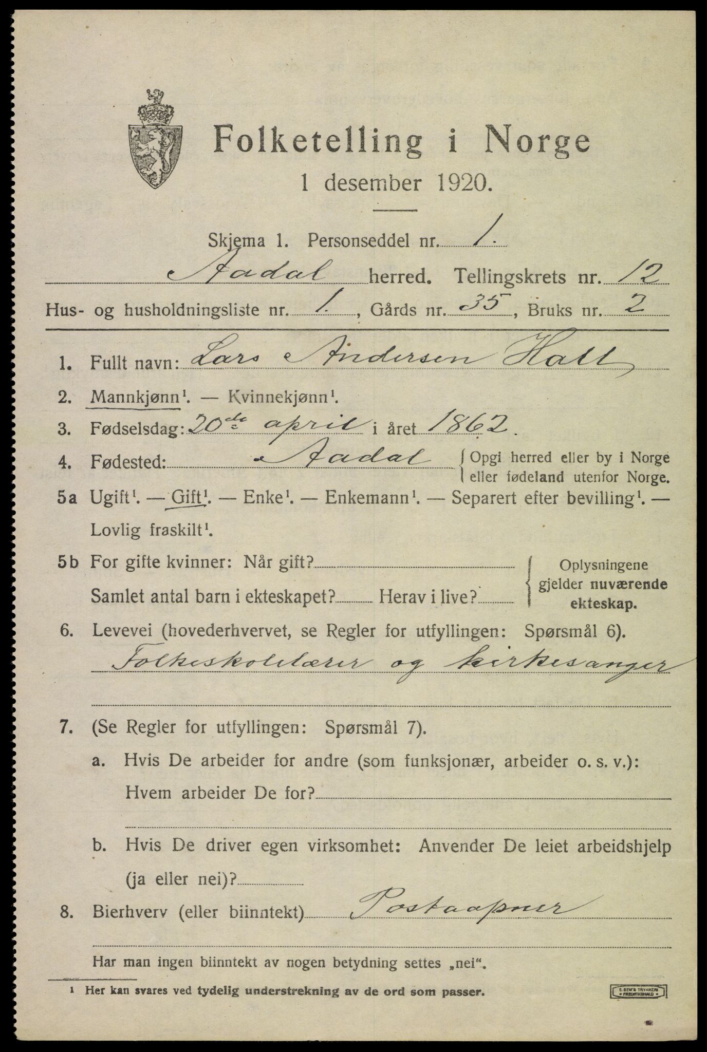 SAKO, 1920 census for Ådal, 1920, p. 6832