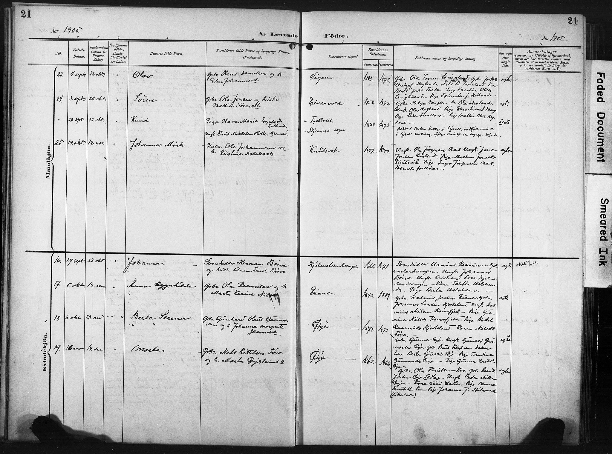 Hjelmeland sokneprestkontor, AV/SAST-A-101843/02/A/L0002: Parish register (official) no. A 17, 1901-1916, p. 21