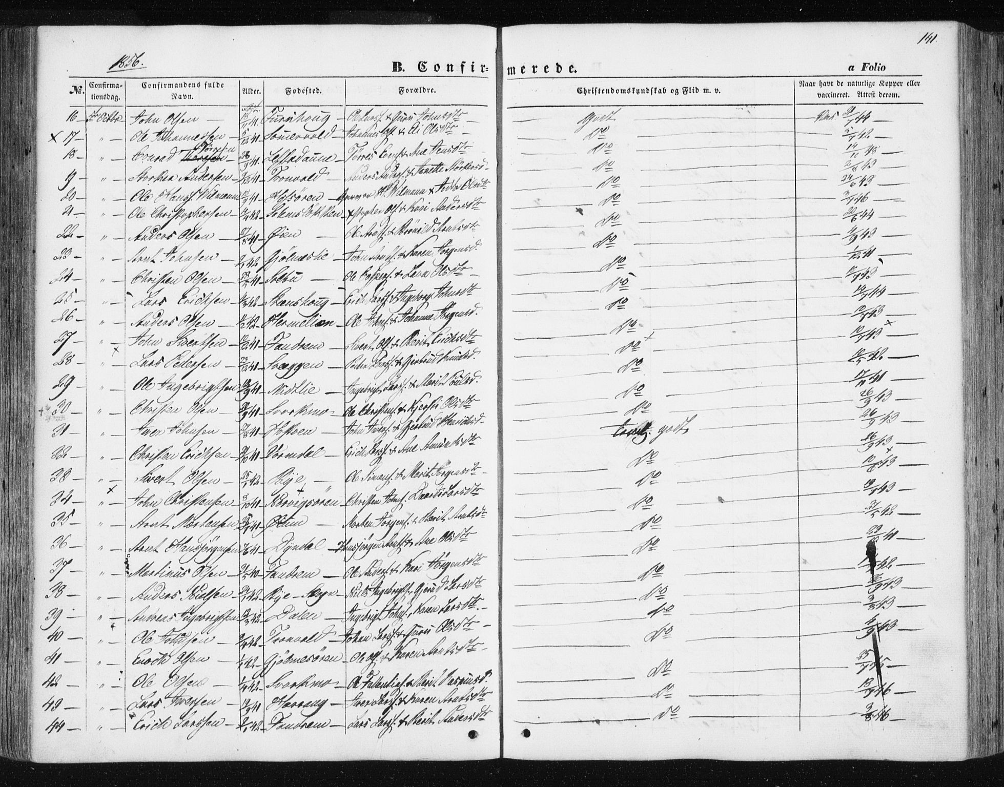 Ministerialprotokoller, klokkerbøker og fødselsregistre - Sør-Trøndelag, AV/SAT-A-1456/668/L0806: Parish register (official) no. 668A06, 1854-1869, p. 141