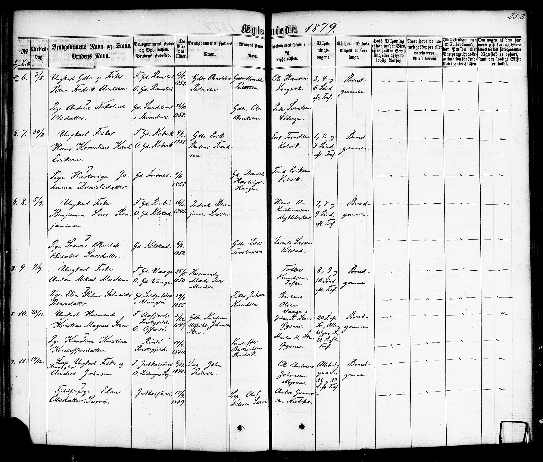 Ministerialprotokoller, klokkerbøker og fødselsregistre - Nordland, AV/SAT-A-1459/872/L1034: Parish register (official) no. 872A09, 1864-1884, p. 252