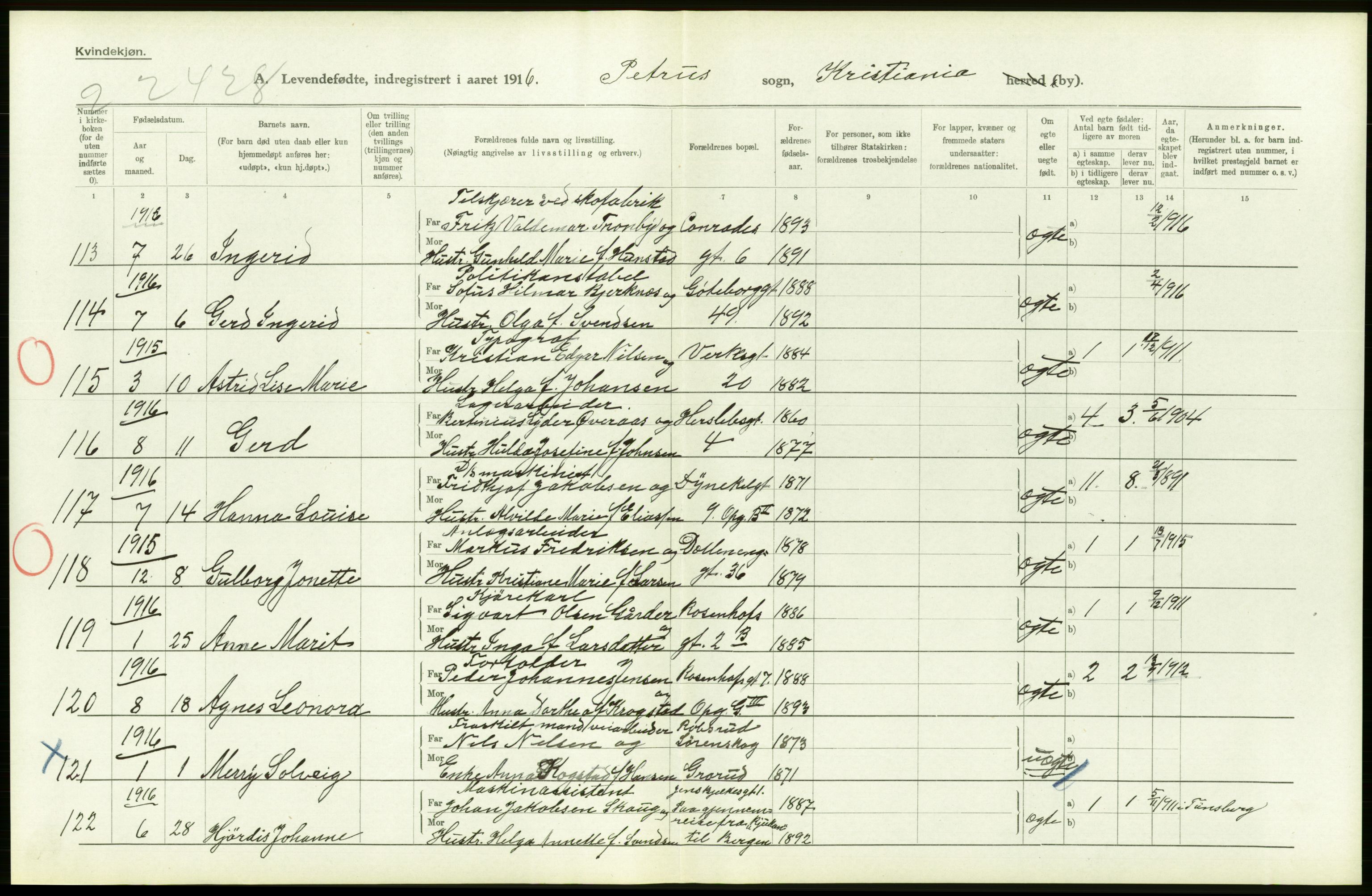 Statistisk sentralbyrå, Sosiodemografiske emner, Befolkning, AV/RA-S-2228/D/Df/Dfb/Dfbf/L0006: Kristiania: Levendefødte menn og kvinner., 1916, p. 622