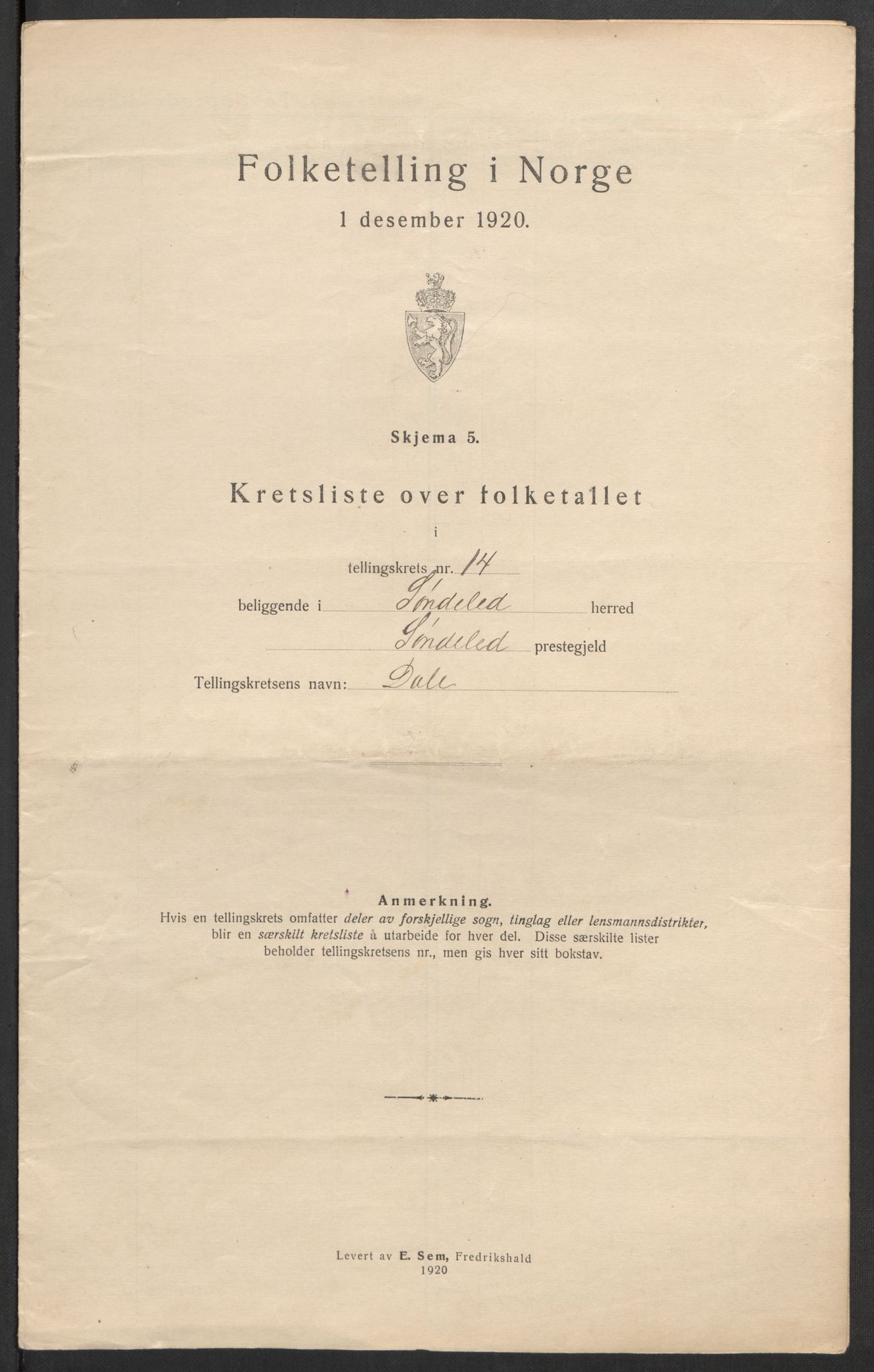 SAK, 1920 census for Søndeled, 1920, p. 45