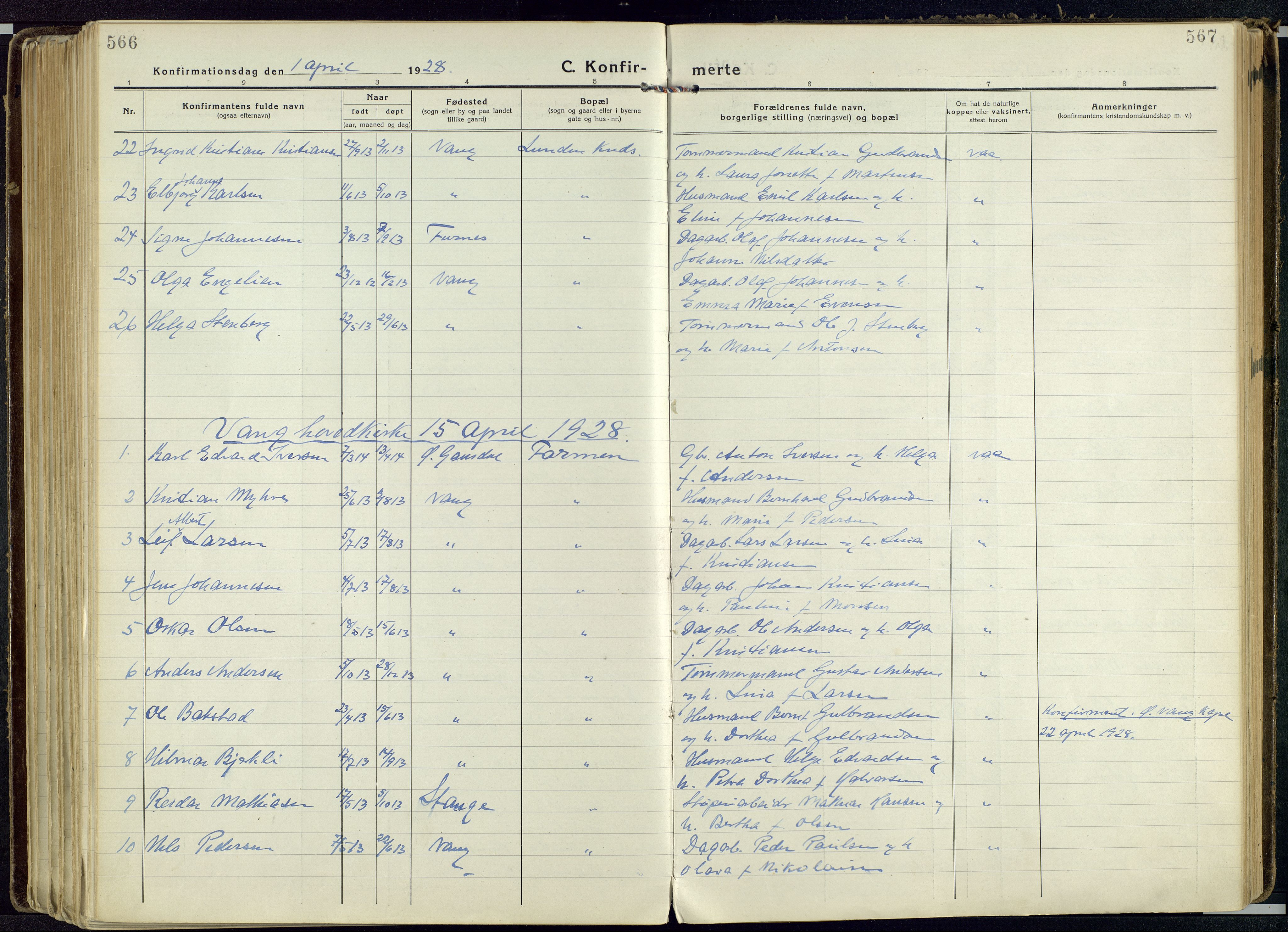 Vang prestekontor, Hedmark, AV/SAH-PREST-008/H/Ha/Haa/L0022: Parish register (official) no. 22, 1918-1944, p. 566-567