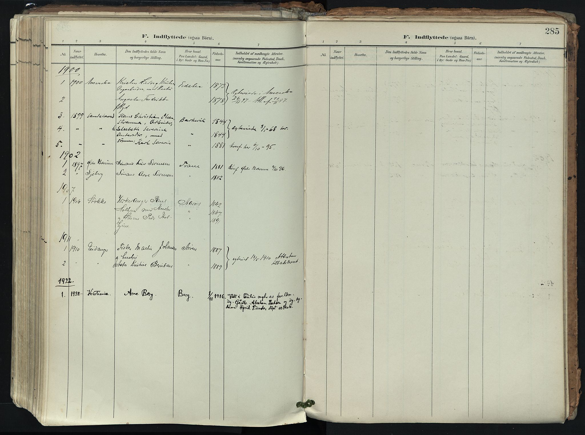 Brunlanes kirkebøker, SAKO/A-342/F/Fb/L0003: Parish register (official) no. II 3, 1900-1922, p. 285