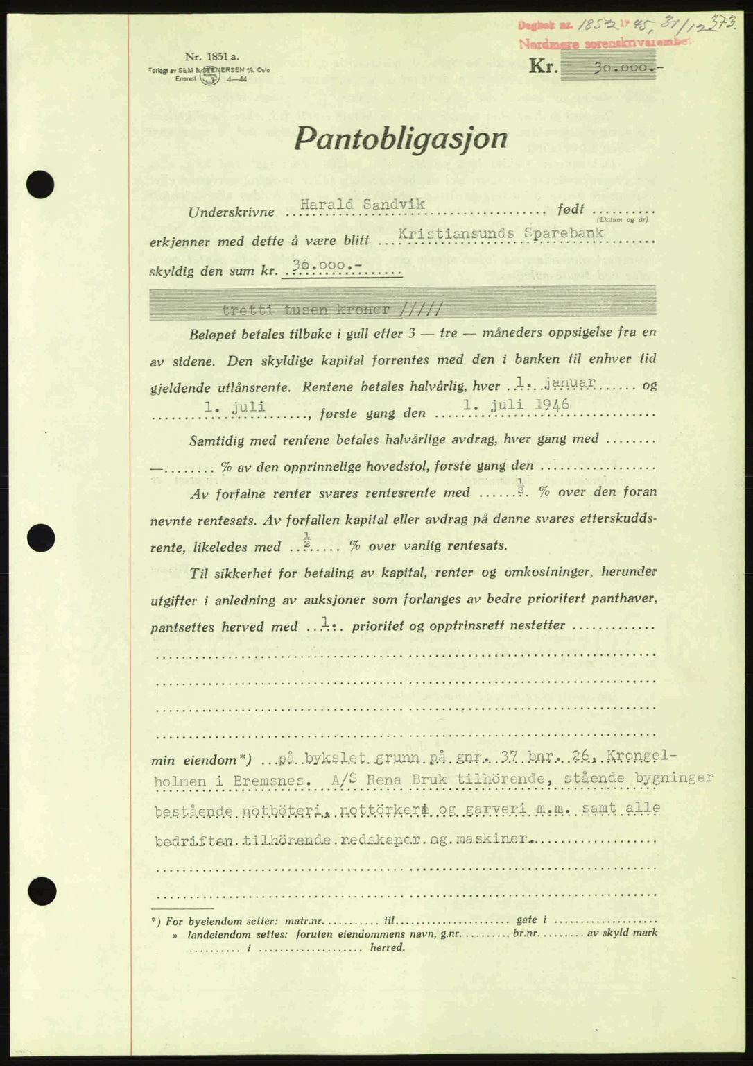 Nordmøre sorenskriveri, AV/SAT-A-4132/1/2/2Ca: Mortgage book no. B93a, 1945-1945, Diary no: : 1852/1945