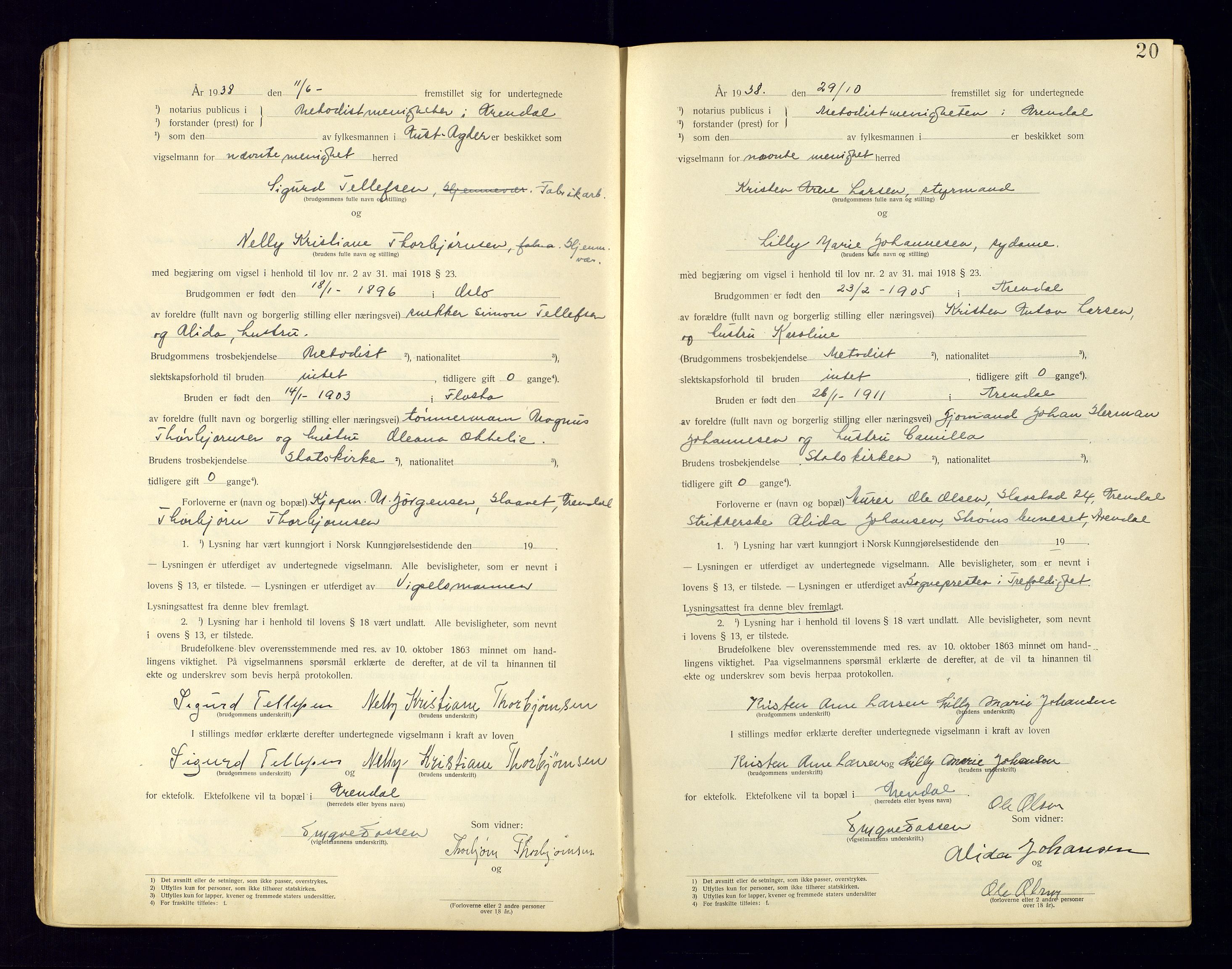 Metodistmenigheten, Arendal, AV/SAK-1292-0011/F/Fc/L0001/0002: Marriage register (dissenter) no. 1.2, 1920-1970, p. 20