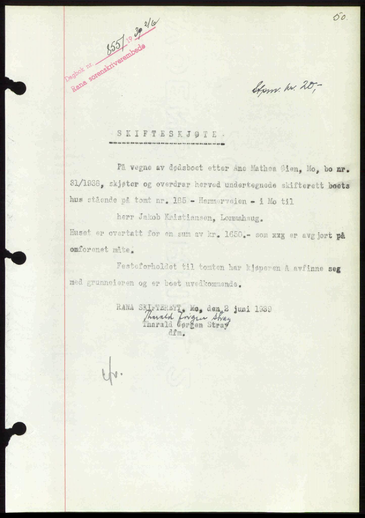Rana sorenskriveri , SAT/A-1108/1/2/2C: Mortgage book no. A 6, 1939-1940, Diary no: : 855/1939