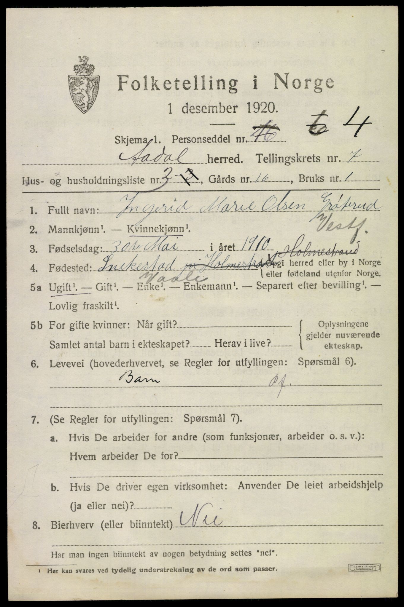 SAKO, 1920 census for Ådal, 1920, p. 5028