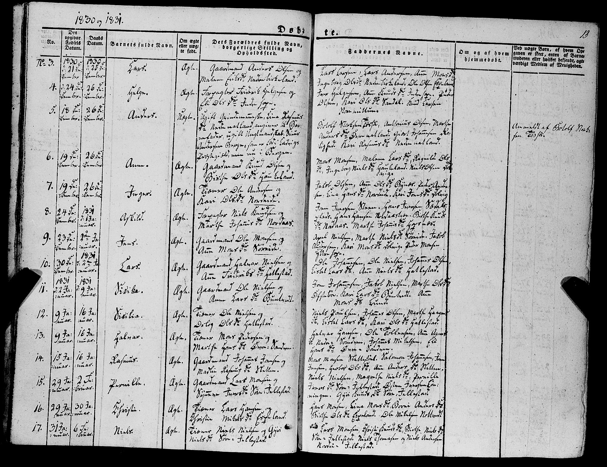 Fana Sokneprestembete, AV/SAB-A-75101/H/Haa/Haaa/L0008: Parish register (official) no. A 8, 1829-1851, p. 13