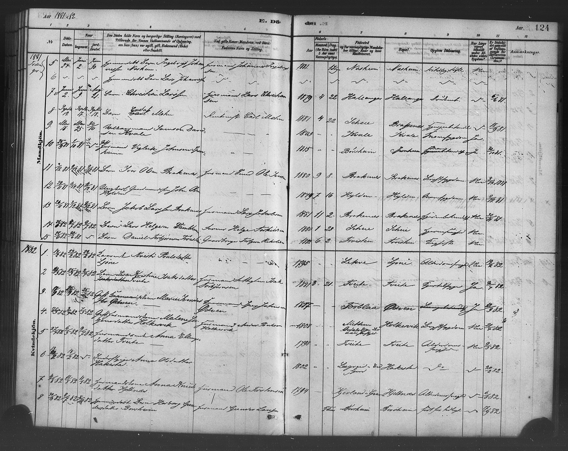 Ulvik sokneprestembete, SAB/A-78801/H/Haa: Parish register (official) no. B 1, 1878-1897, p. 124