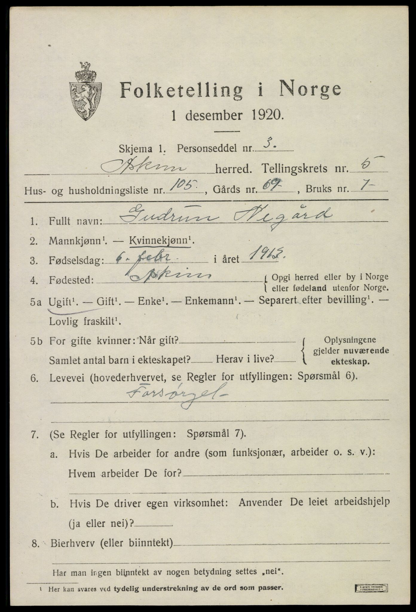 SAO, 1920 census for Askim, 1920, p. 10933