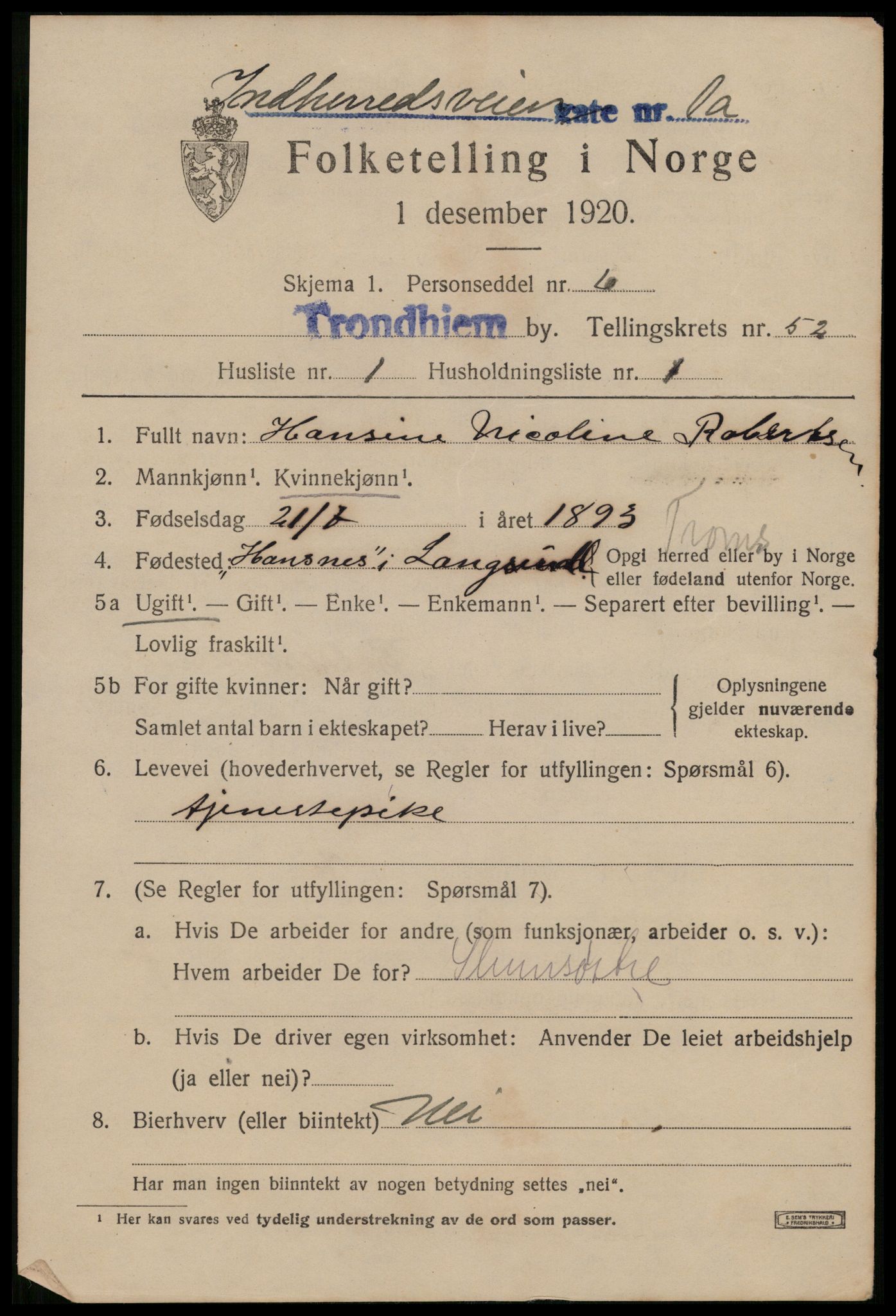 SAT, 1920 census for Trondheim, 1920, p. 106510