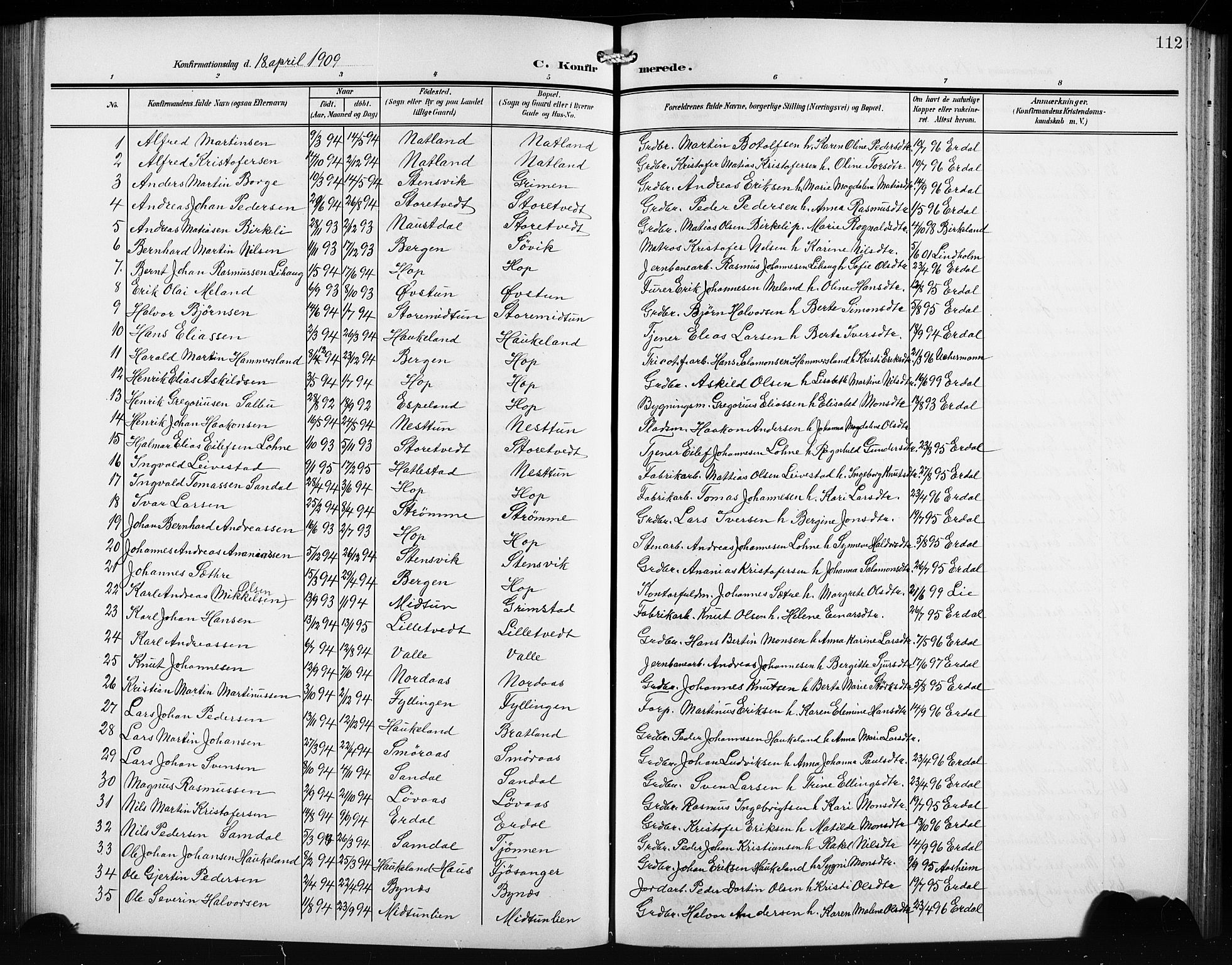 Birkeland Sokneprestembete, SAB/A-74601/H/Hab: Parish register (copy) no. A 6, 1906-1915, p. 112