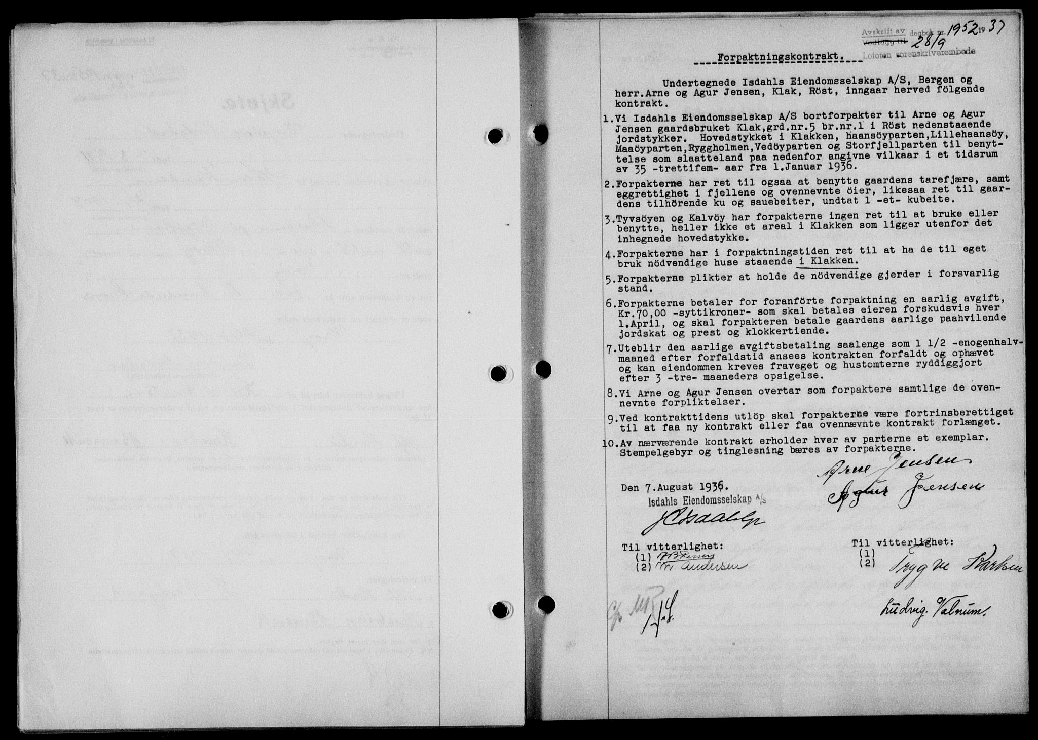 Lofoten sorenskriveri, SAT/A-0017/1/2/2C/L0002a: Mortgage book no. 2a, 1937-1937, Diary no: : 1952/1937
