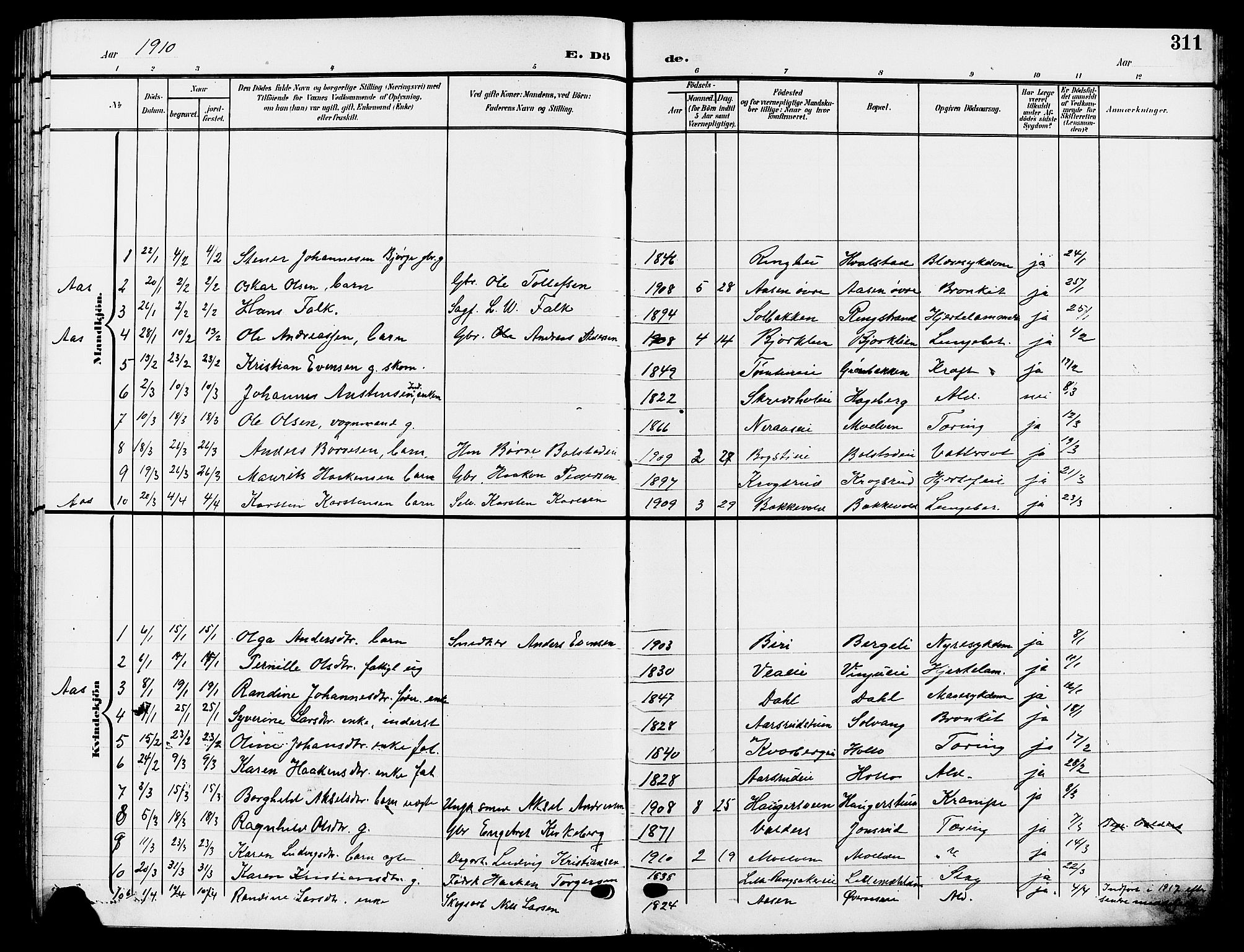Ringsaker prestekontor, SAH/PREST-014/L/La/L0015: Parish register (copy) no. 15, 1903-1912, p. 311