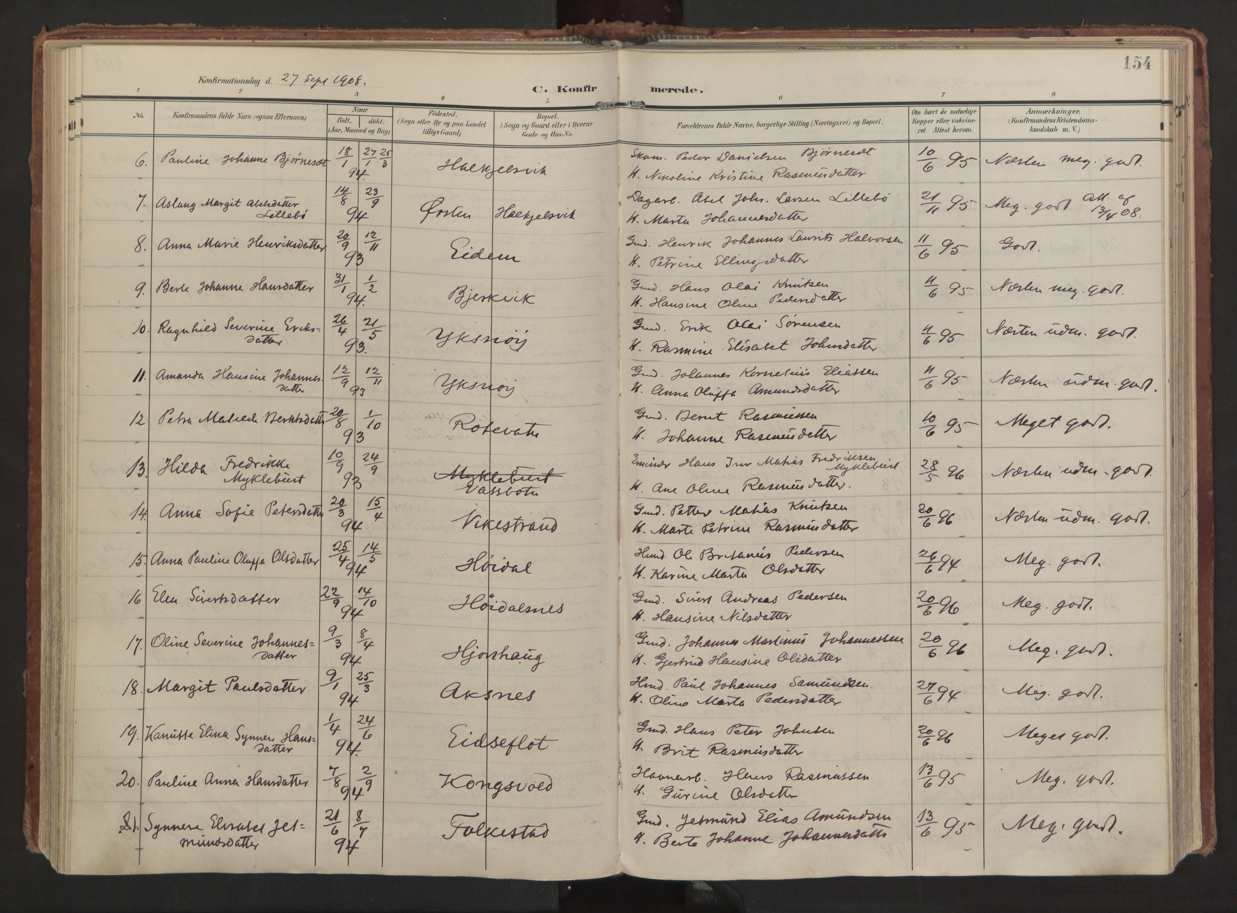 Ministerialprotokoller, klokkerbøker og fødselsregistre - Møre og Romsdal, SAT/A-1454/511/L0144: Parish register (official) no. 511A11, 1906-1923, p. 154