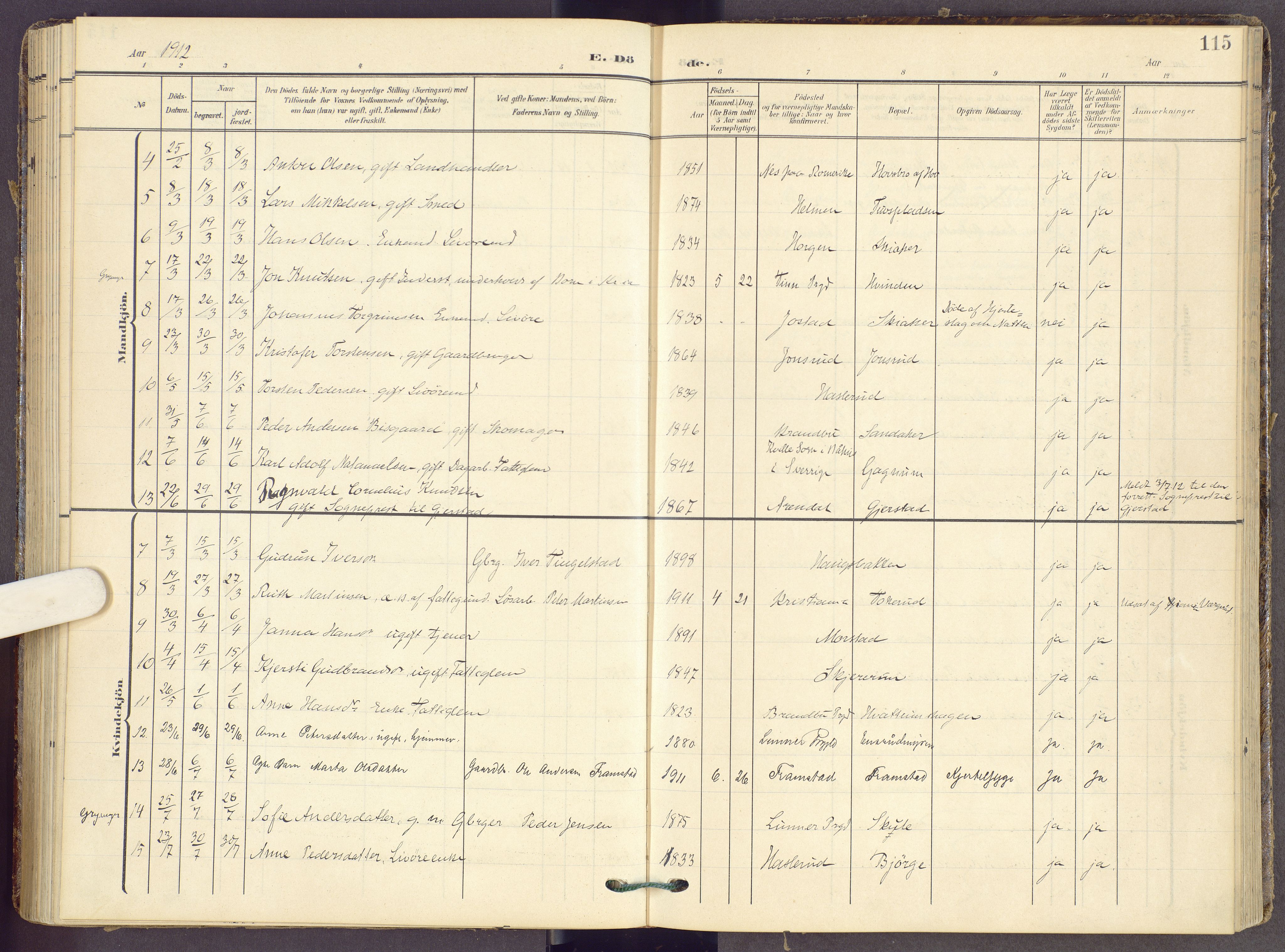 Gran prestekontor, SAH/PREST-112/H/Ha/Haa/L0022: Parish register (official) no. 22, 1908-1918, p. 115