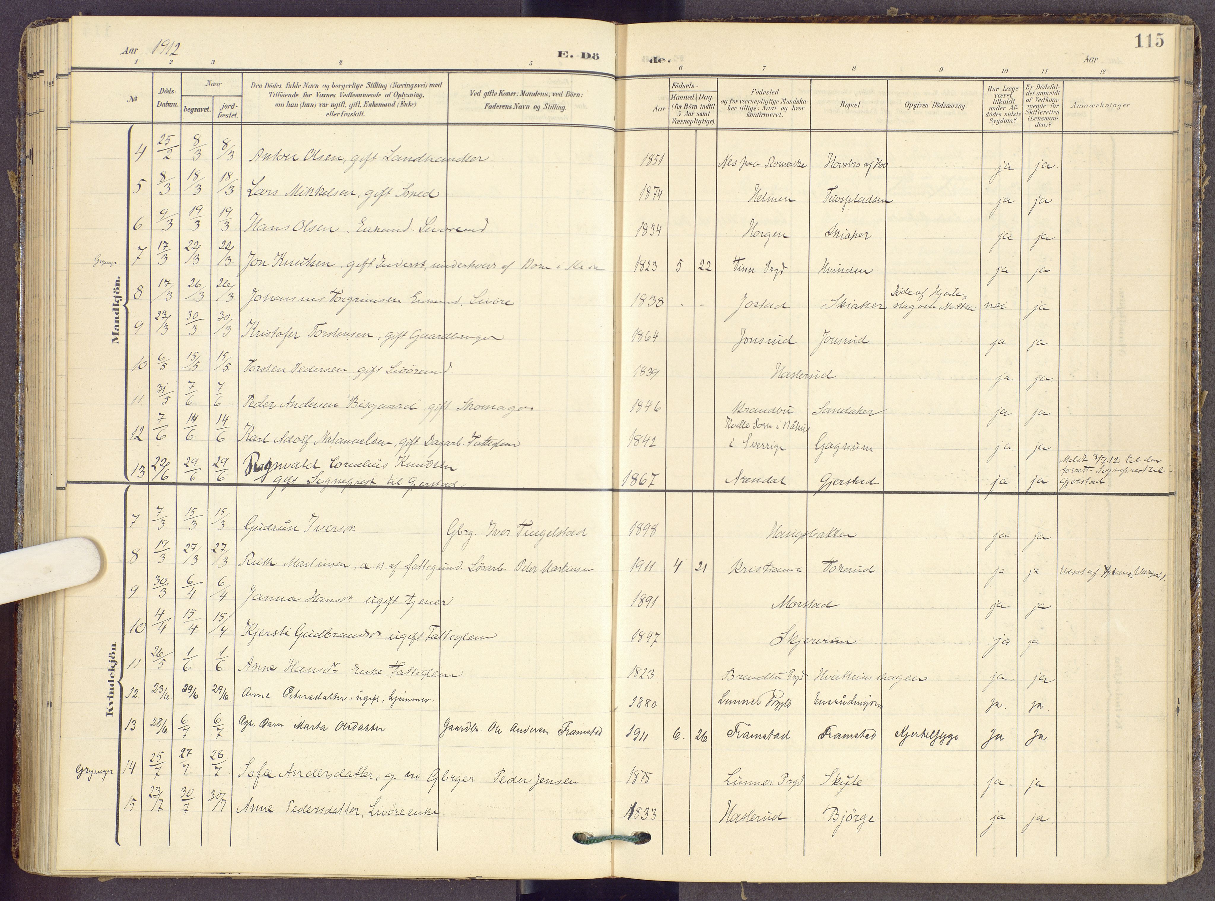 Gran prestekontor, AV/SAH-PREST-112/H/Ha/Haa/L0022: Parish register (official) no. 22, 1908-1918, p. 115