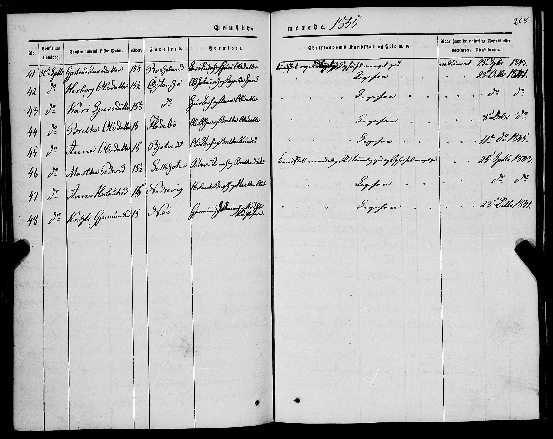 Kvam sokneprestembete, AV/SAB-A-76201/H/Haa: Parish register (official) no. A 8, 1844-1863, p. 208