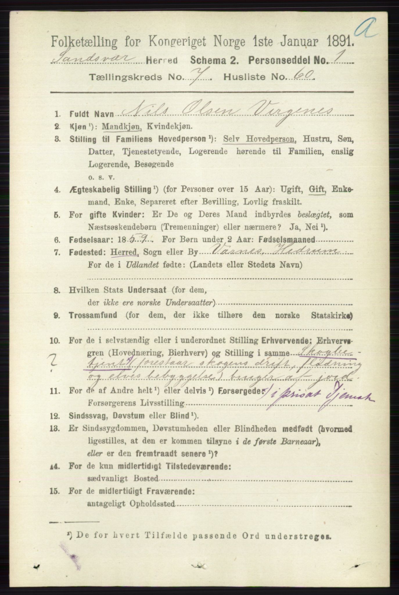 RA, 1891 census for 0629 Sandsvær, 1891, p. 4261