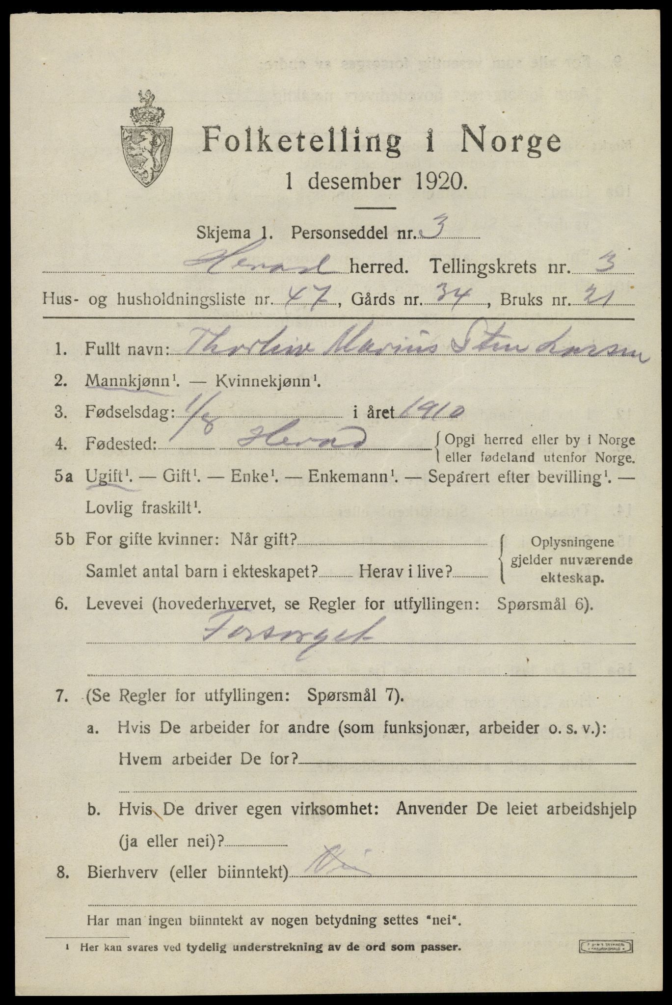 SAK, 1920 census for Herad, 1920, p. 1692