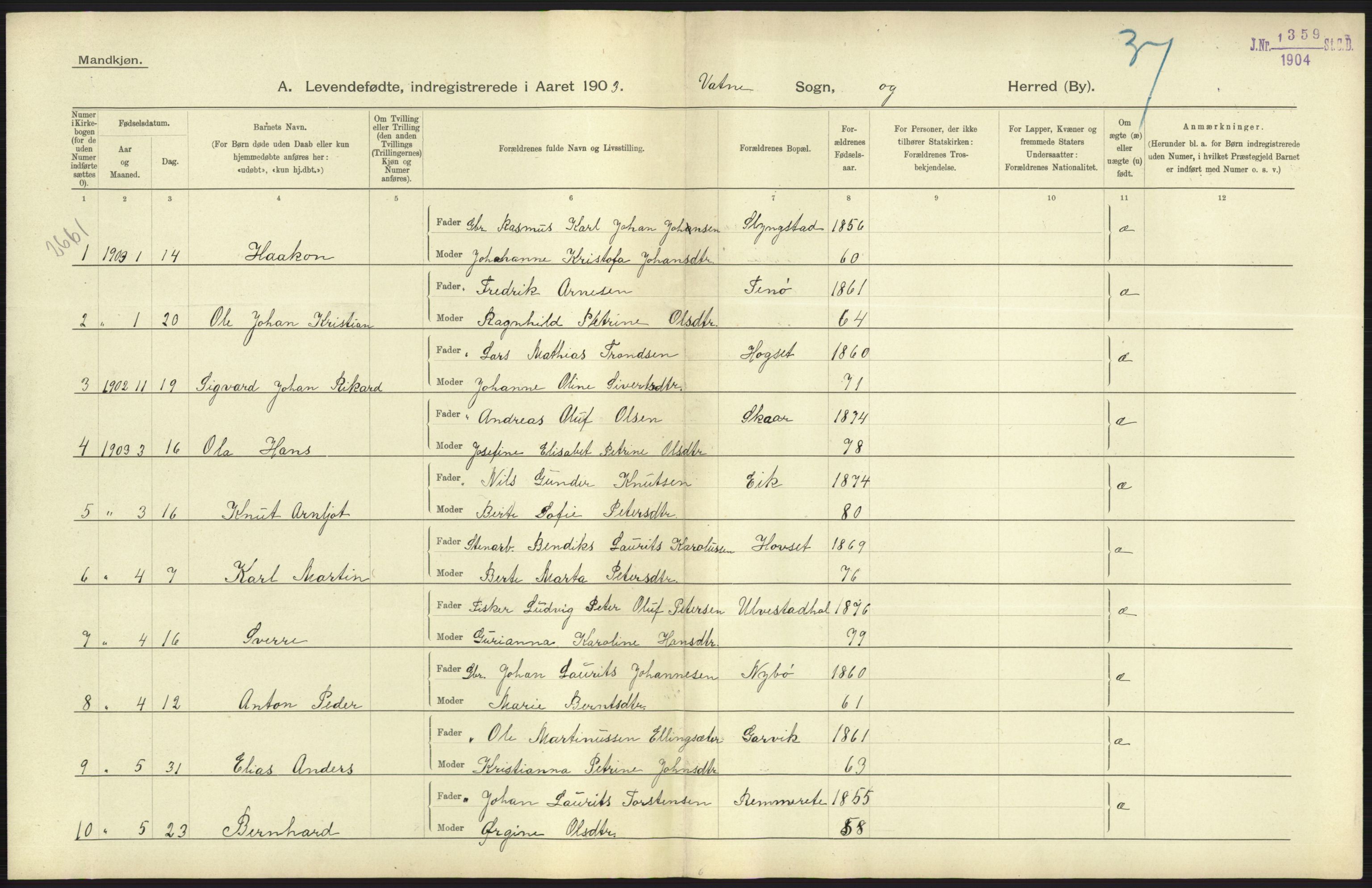 Statistisk sentralbyrå, Sosiodemografiske emner, Befolkning, AV/RA-S-2228/D/Df/Dfa/Dfaa/L0016: Romsdal amt: Fødte, gifte, døde., 1903, p. 9