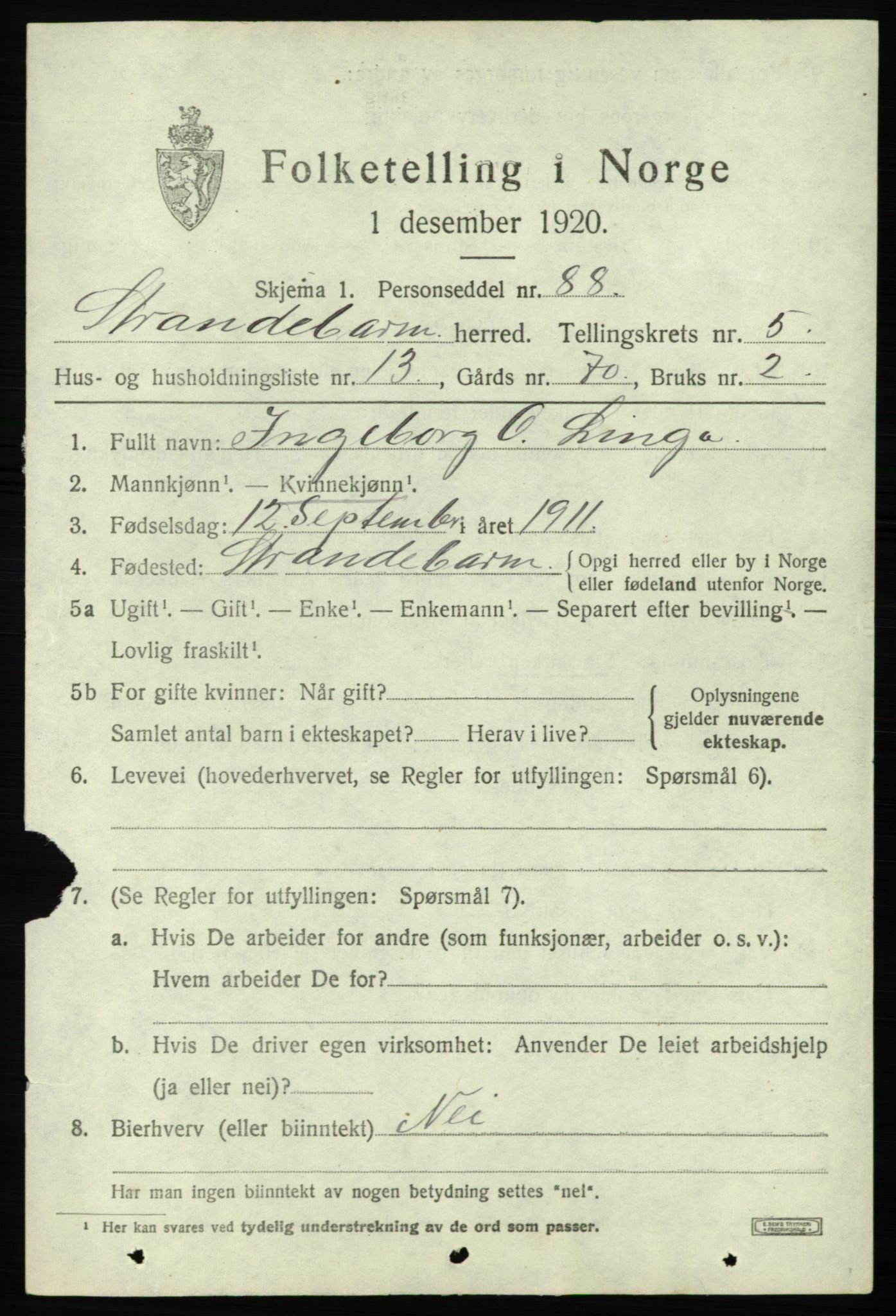 SAB, 1920 census for Strandebarm, 1920, p. 3944