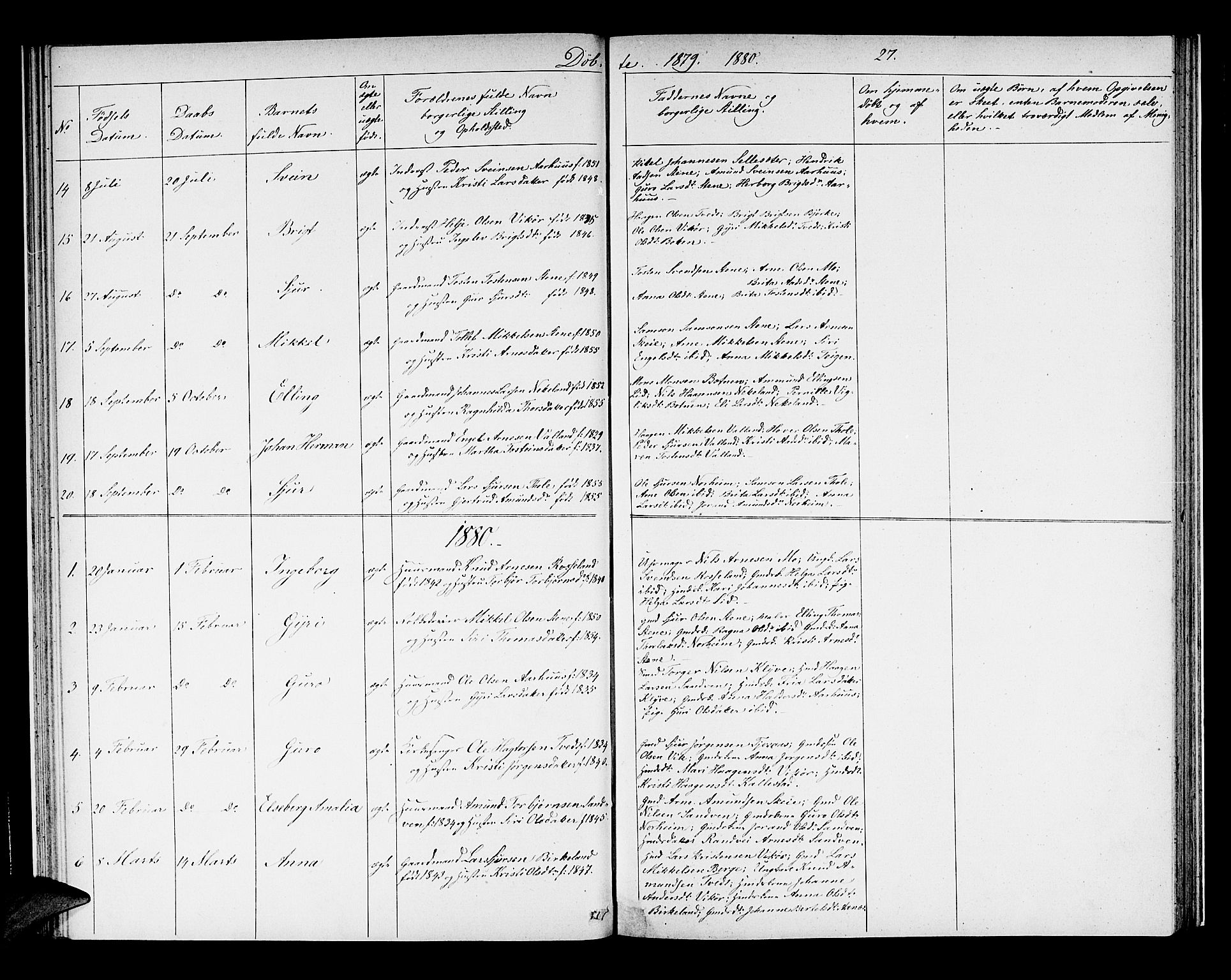 Kvam sokneprestembete, AV/SAB-A-76201/H/Hab: Parish register (copy) no. B 2, 1870-1883, p. 27