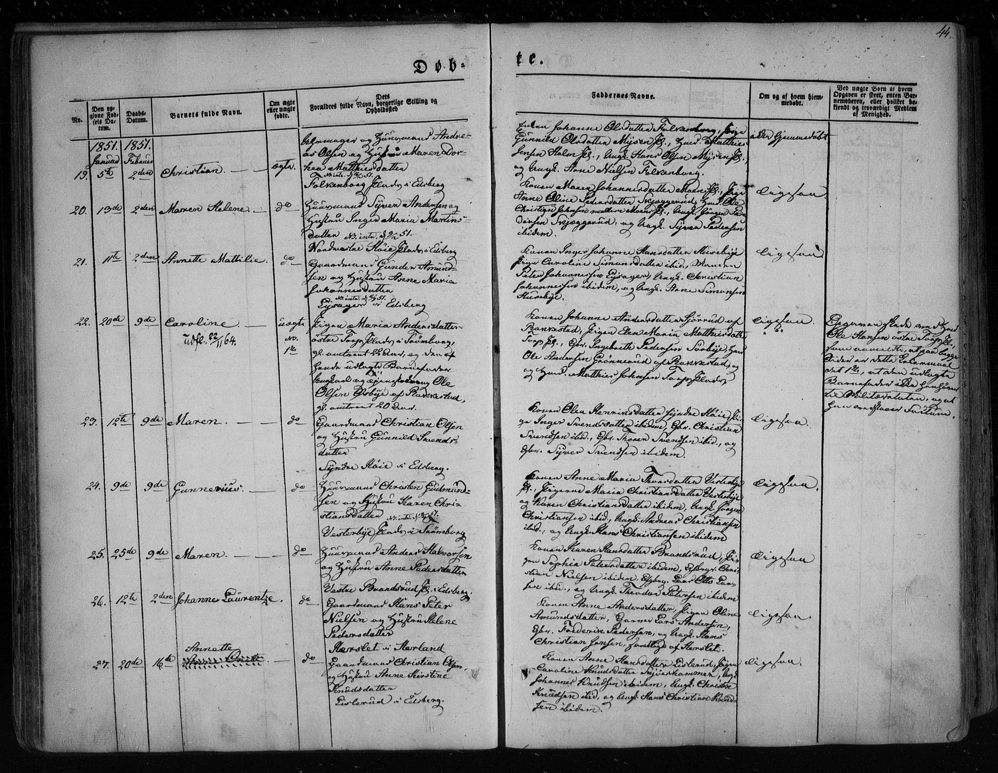 Eidsberg prestekontor Kirkebøker, SAO/A-10905/F/Fa/L0009: Parish register (official) no. I 9, 1849-1856, p. 44