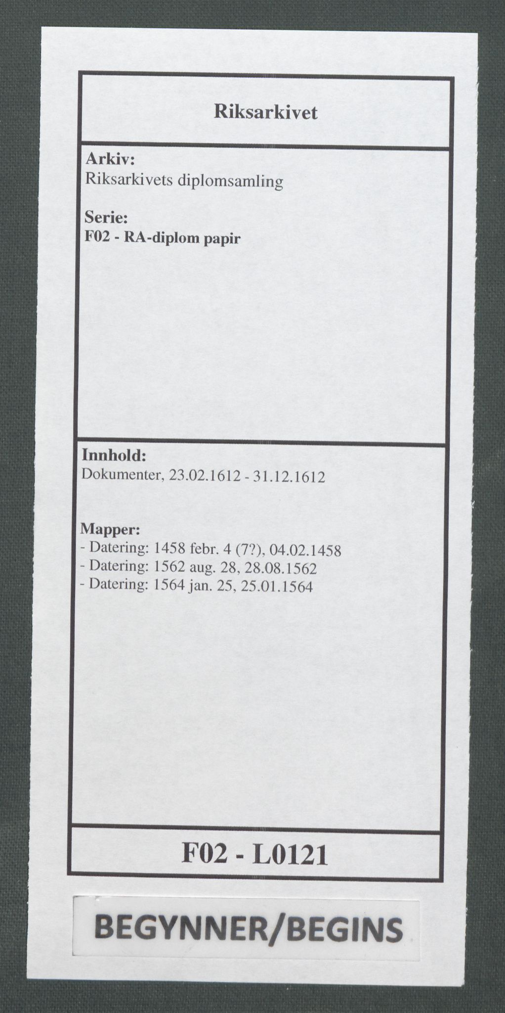 Riksarkivets diplomsamling, AV/RA-EA-5965/F02/L0121: Dokumenter, 1612, p. 1