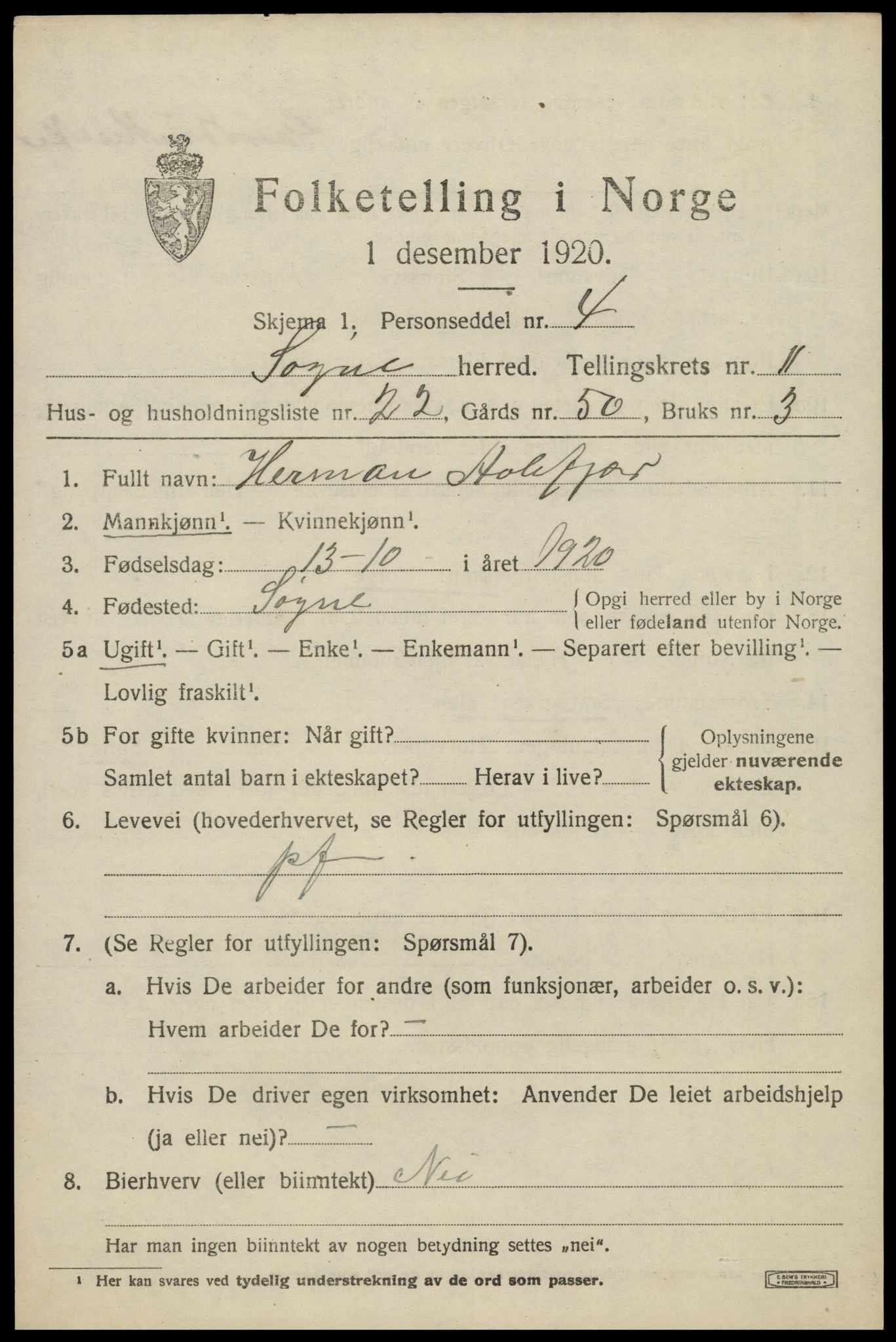 SAK, 1920 census for Søgne, 1920, p. 5859