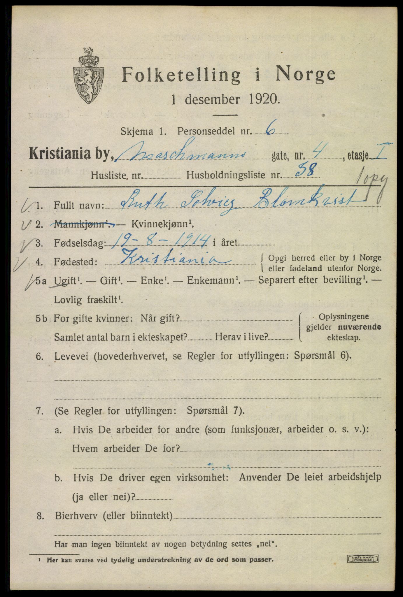 SAO, 1920 census for Kristiania, 1920, p. 392805