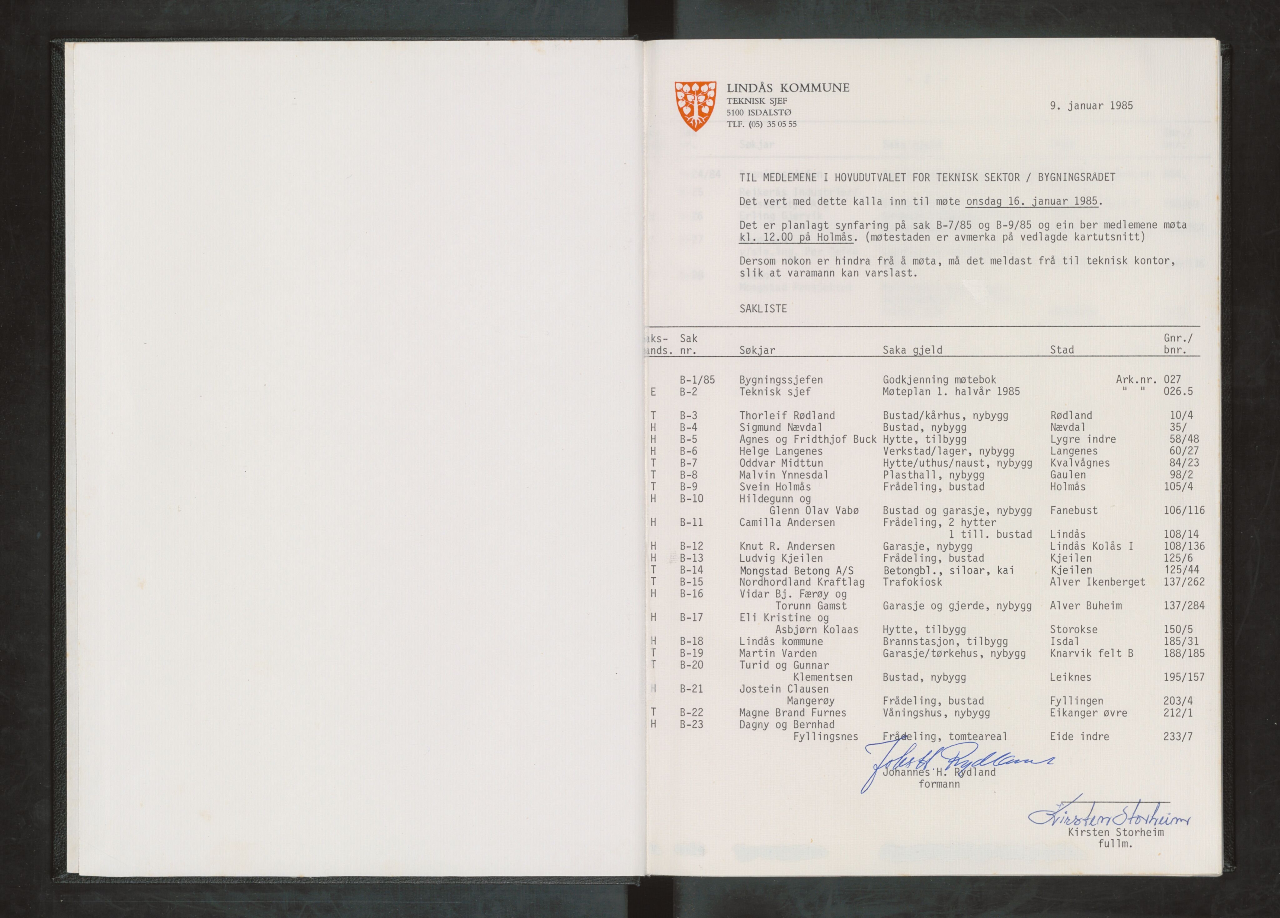 Lindås kommune. Bygningsrådet, IKAH/1263-511/A/Aa/L0054: Møtebok for Lindås bygningsråd, 1985