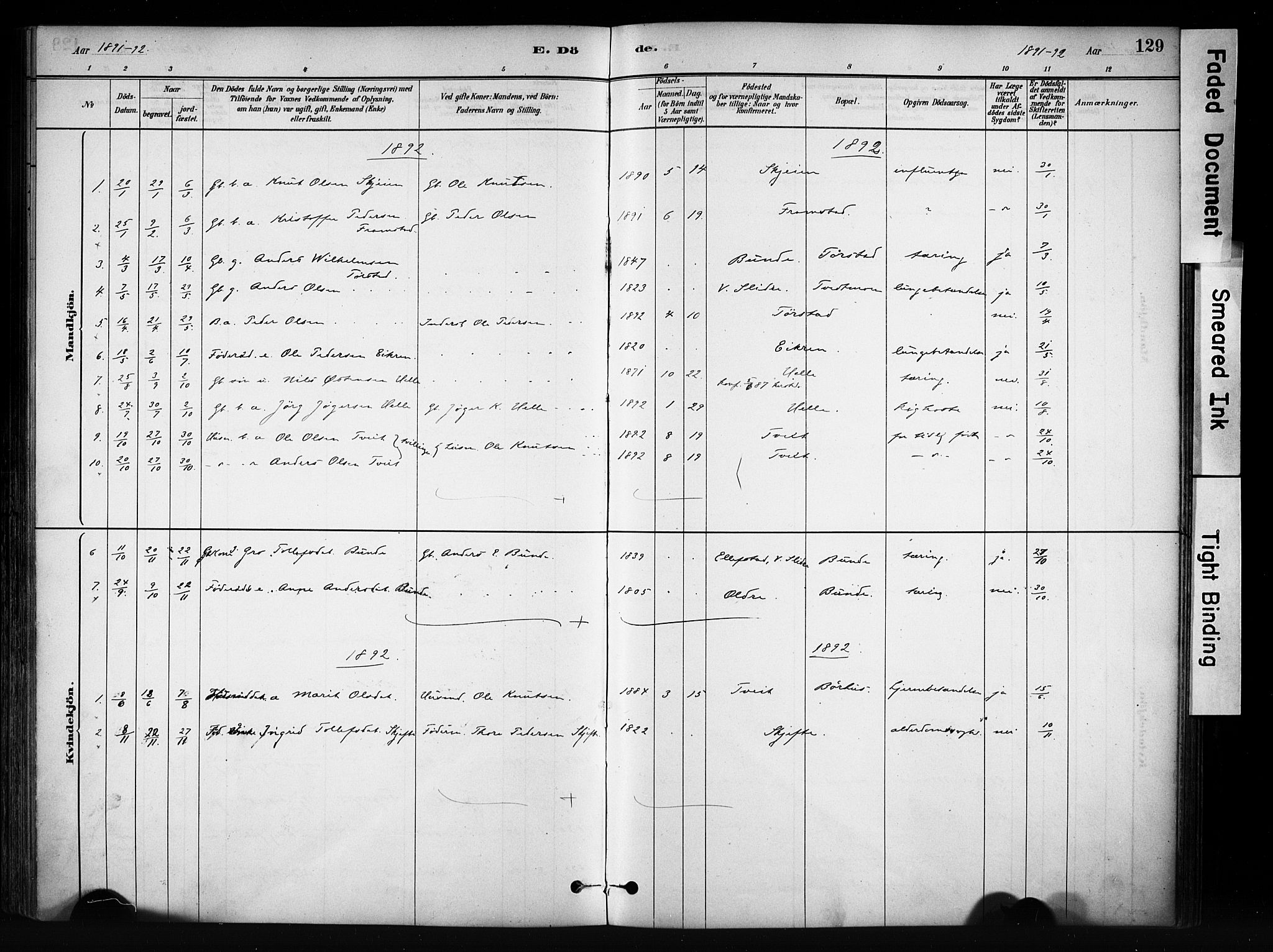 Vang prestekontor, Valdres, SAH/PREST-140/H/Ha/L0009: Parish register (official) no. 9, 1882-1914, p. 129