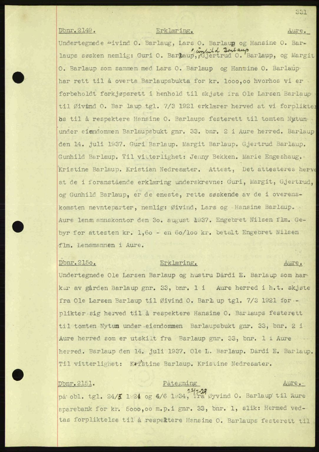 Nordmøre sorenskriveri, AV/SAT-A-4132/1/2/2Ca: Mortgage book no. C80, 1936-1939, Diary no: : 2149/1937