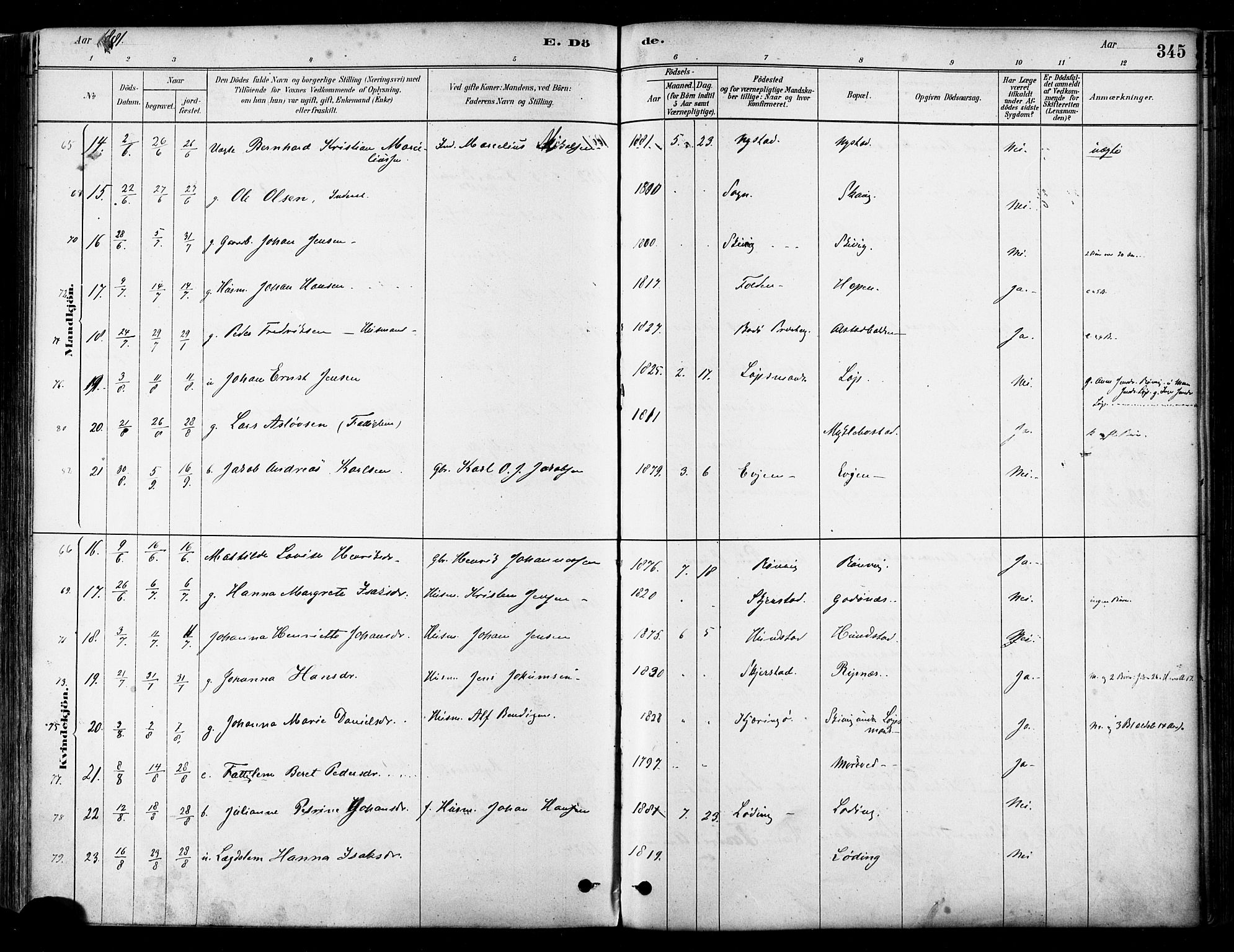 Ministerialprotokoller, klokkerbøker og fødselsregistre - Nordland, SAT/A-1459/802/L0054: Parish register (official) no. 802A01, 1879-1893, p. 345