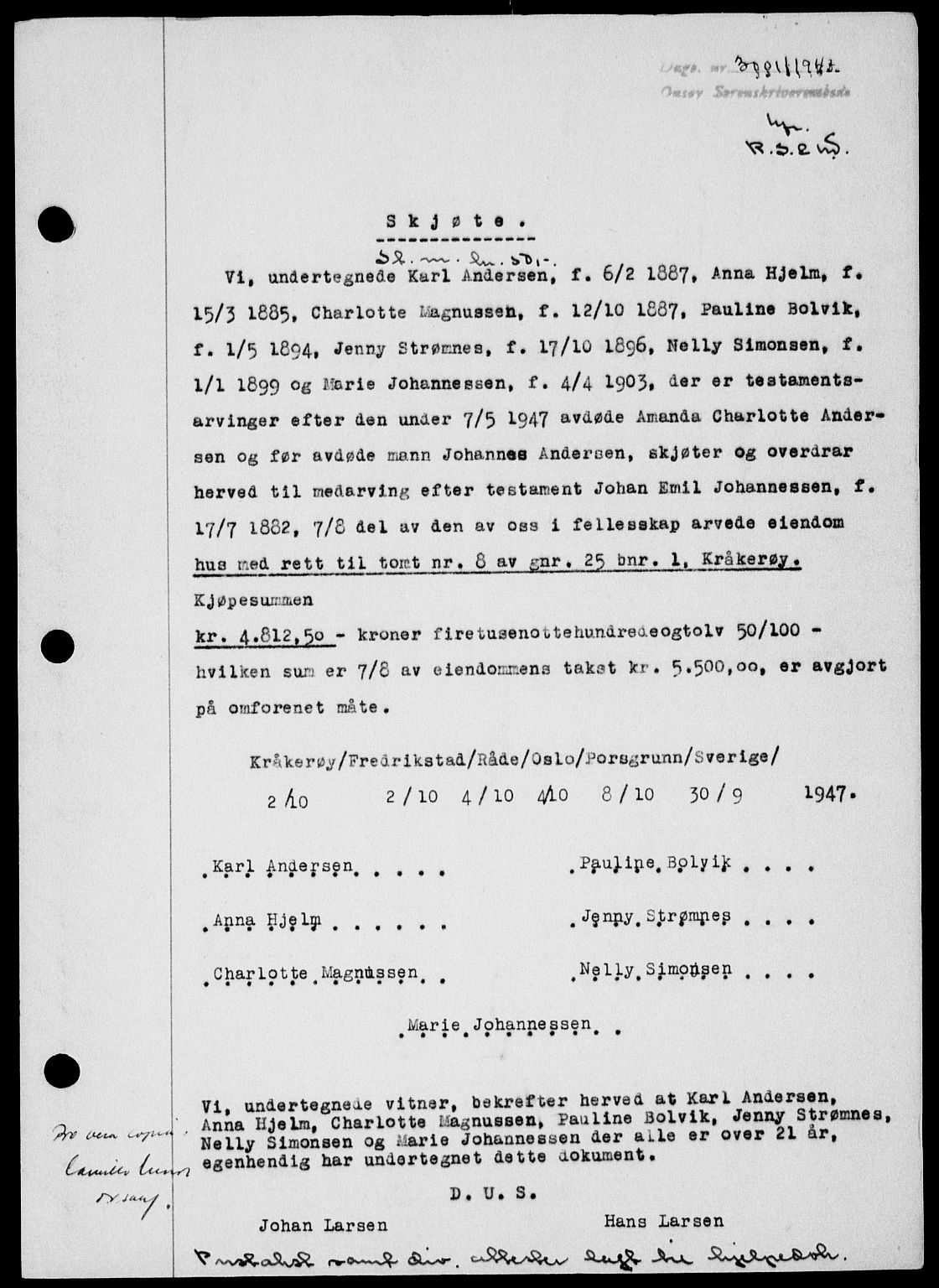 Onsøy sorenskriveri, SAO/A-10474/G/Ga/Gab/L0021: Mortgage book no. II A-21, 1947-1947, Diary no: : 3001/1947