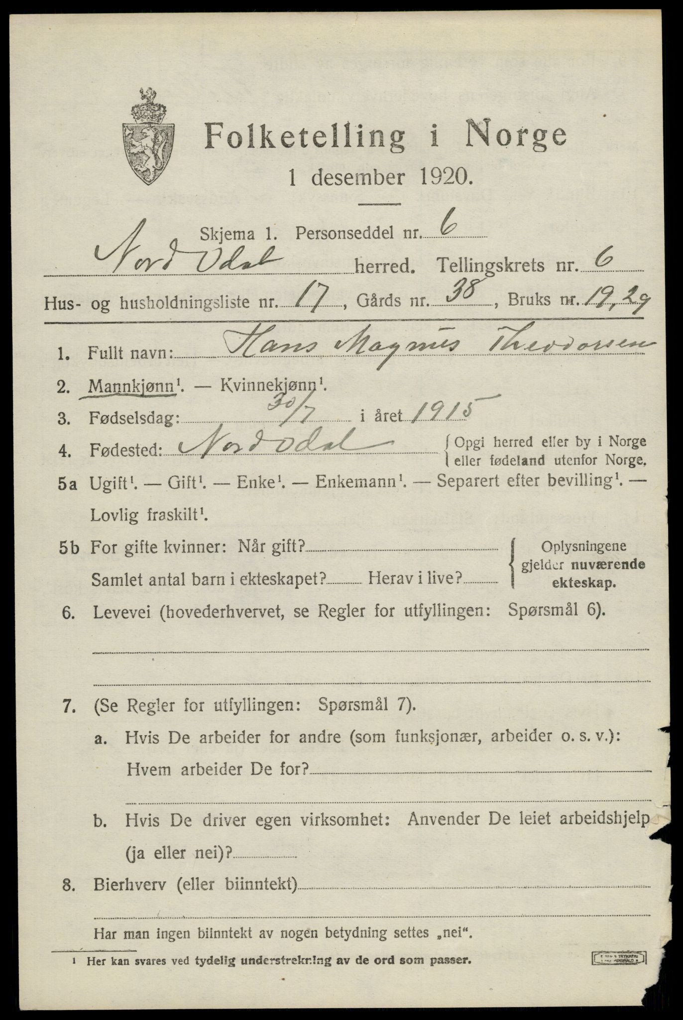 SAH, 1920 census for Nord-Odal, 1920, p. 6805