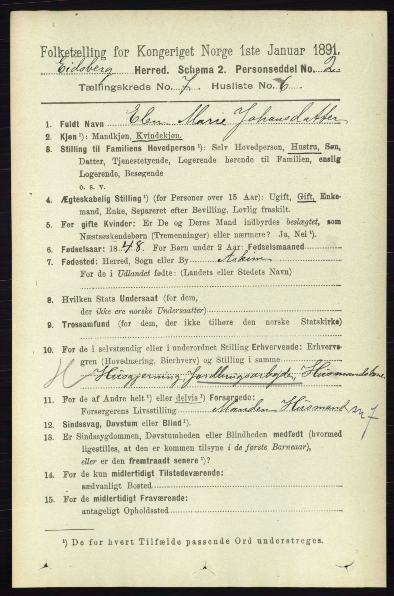 RA, 1891 census for 0125 Eidsberg, 1891, p. 4146