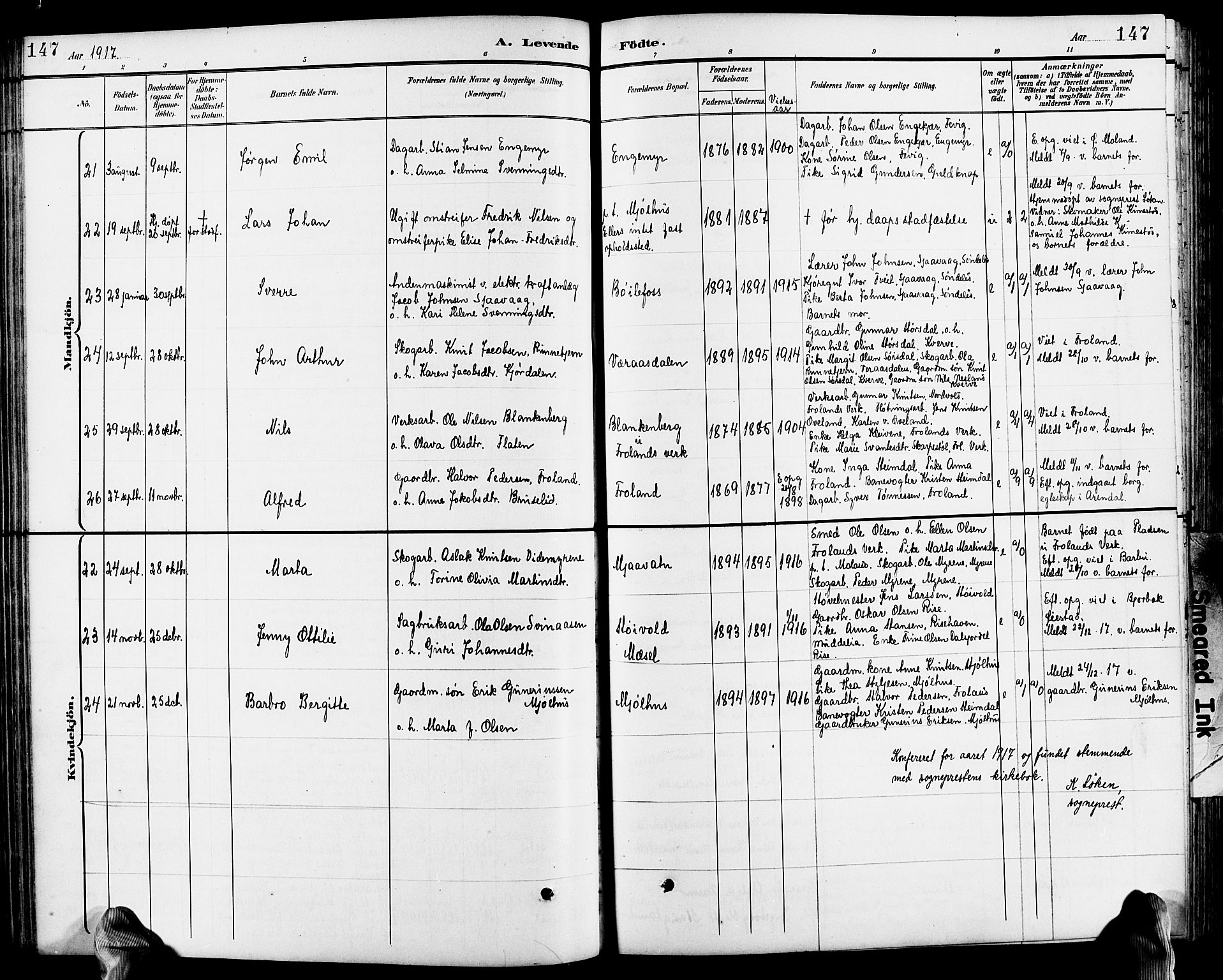 Froland sokneprestkontor, SAK/1111-0013/F/Fb/L0010: Parish register (copy) no. B 10, 1893-1920, p. 147