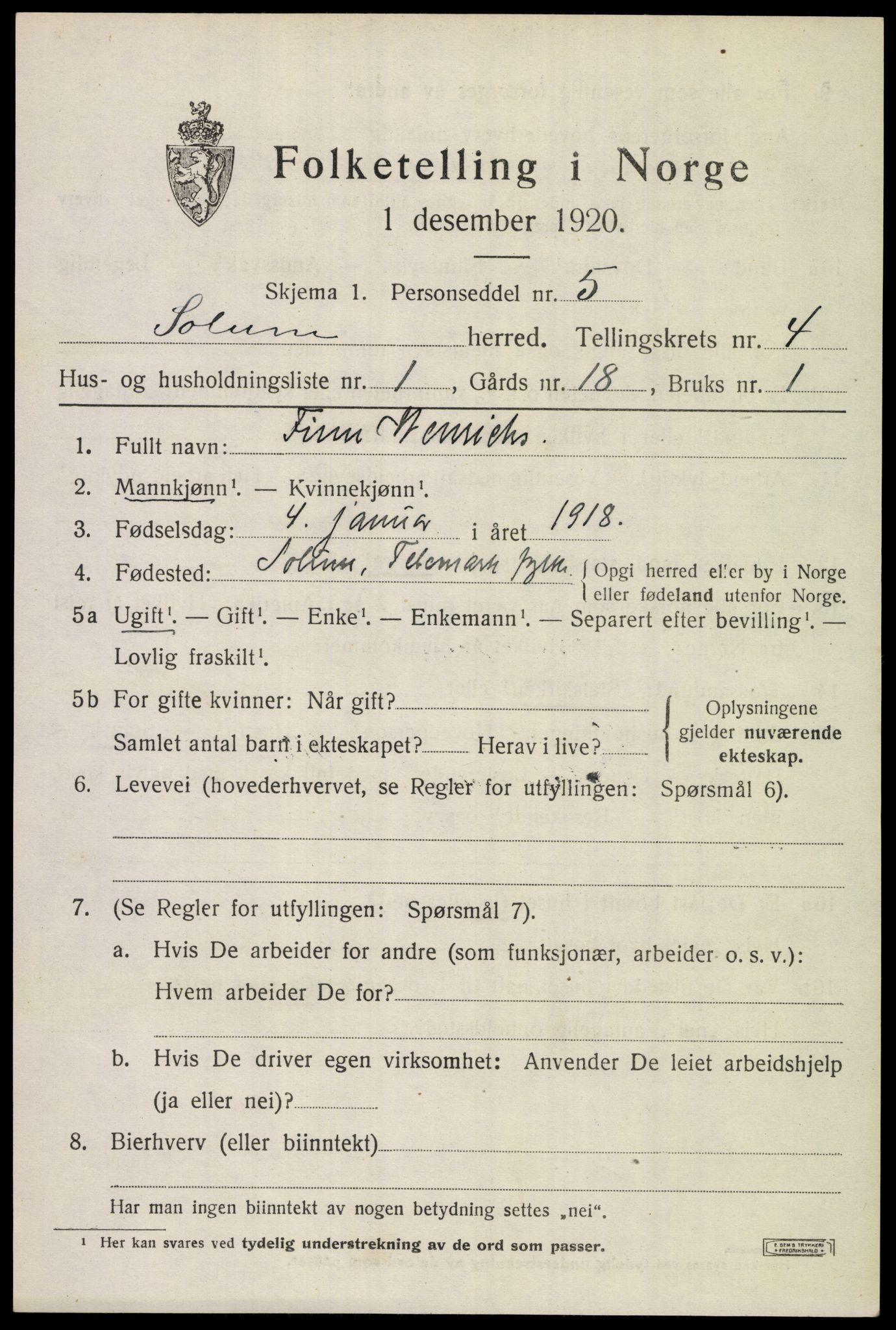 SAKO, 1920 census for Solum, 1920, p. 8182