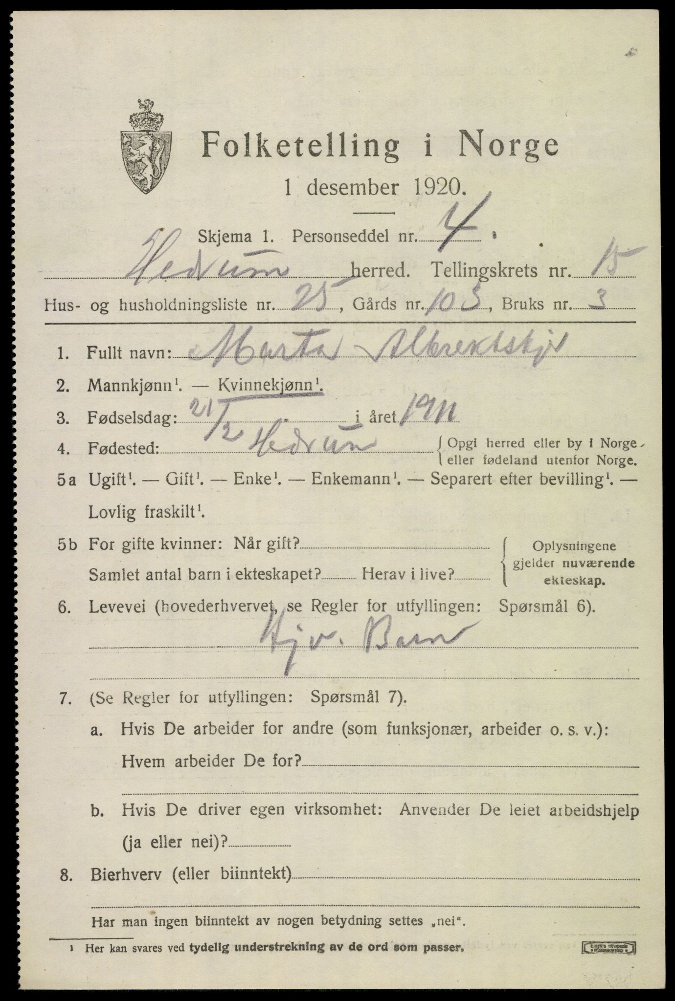 SAKO, 1920 census for Hedrum, 1920, p. 10239