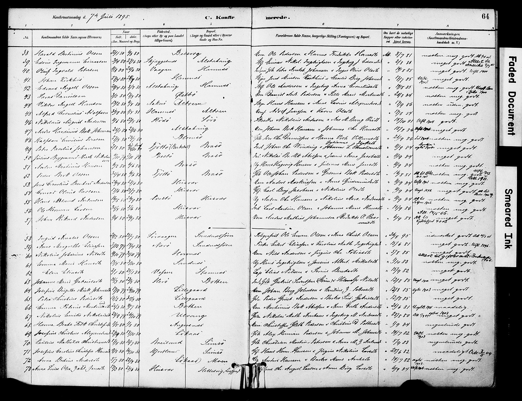 Ministerialprotokoller, klokkerbøker og fødselsregistre - Nordland, AV/SAT-A-1459/830/L0450: Parish register (official) no. 830A14, 1879-1896, p. 64